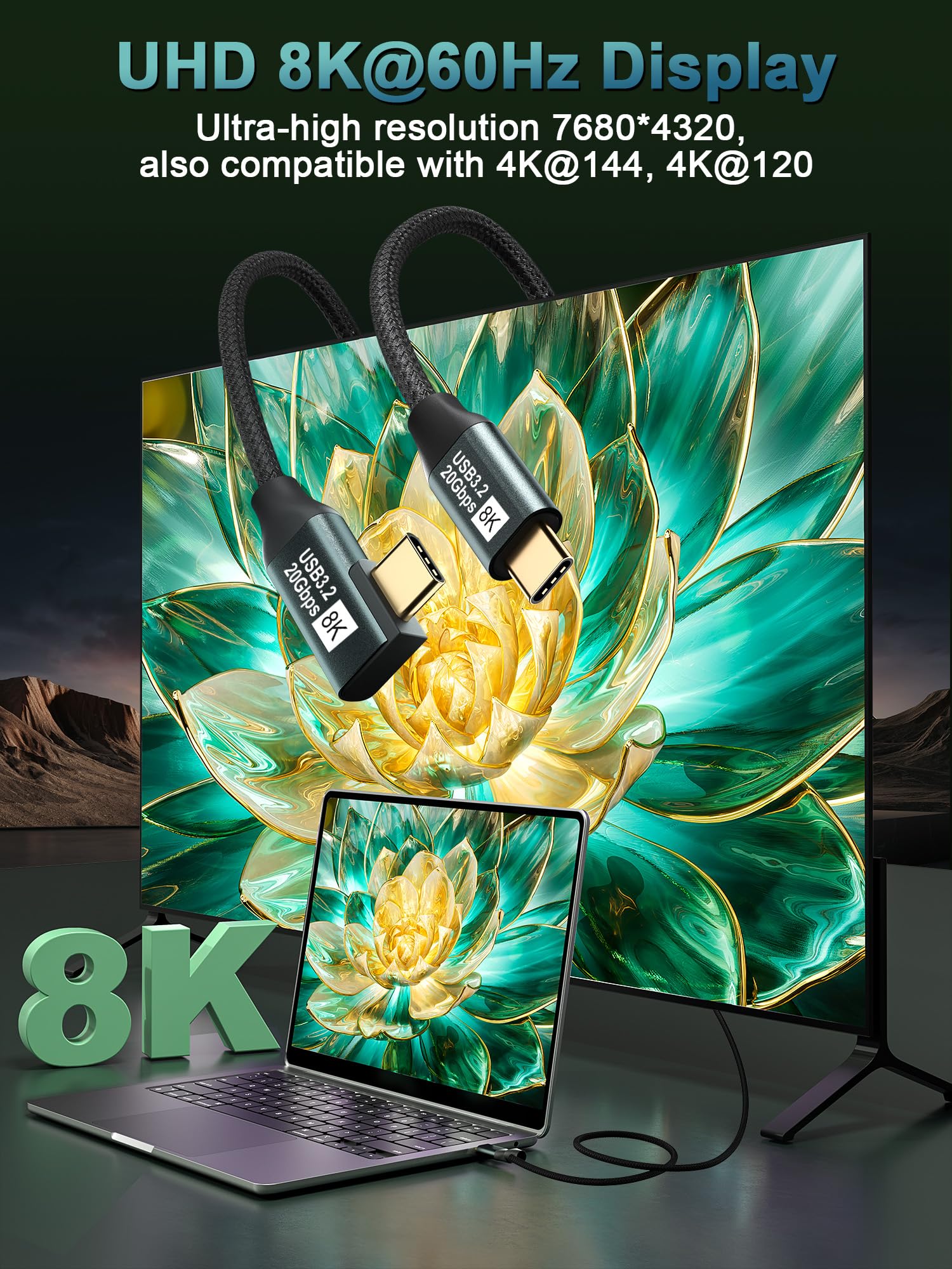 Kakapozo Right Angle Usb C To Usb C 3.1 Gen 2 6.6Ft 8K@60Hz Usbc Usbc Monitor Cable 20Gbps Data Transfer 100W Pd Fast Charging T