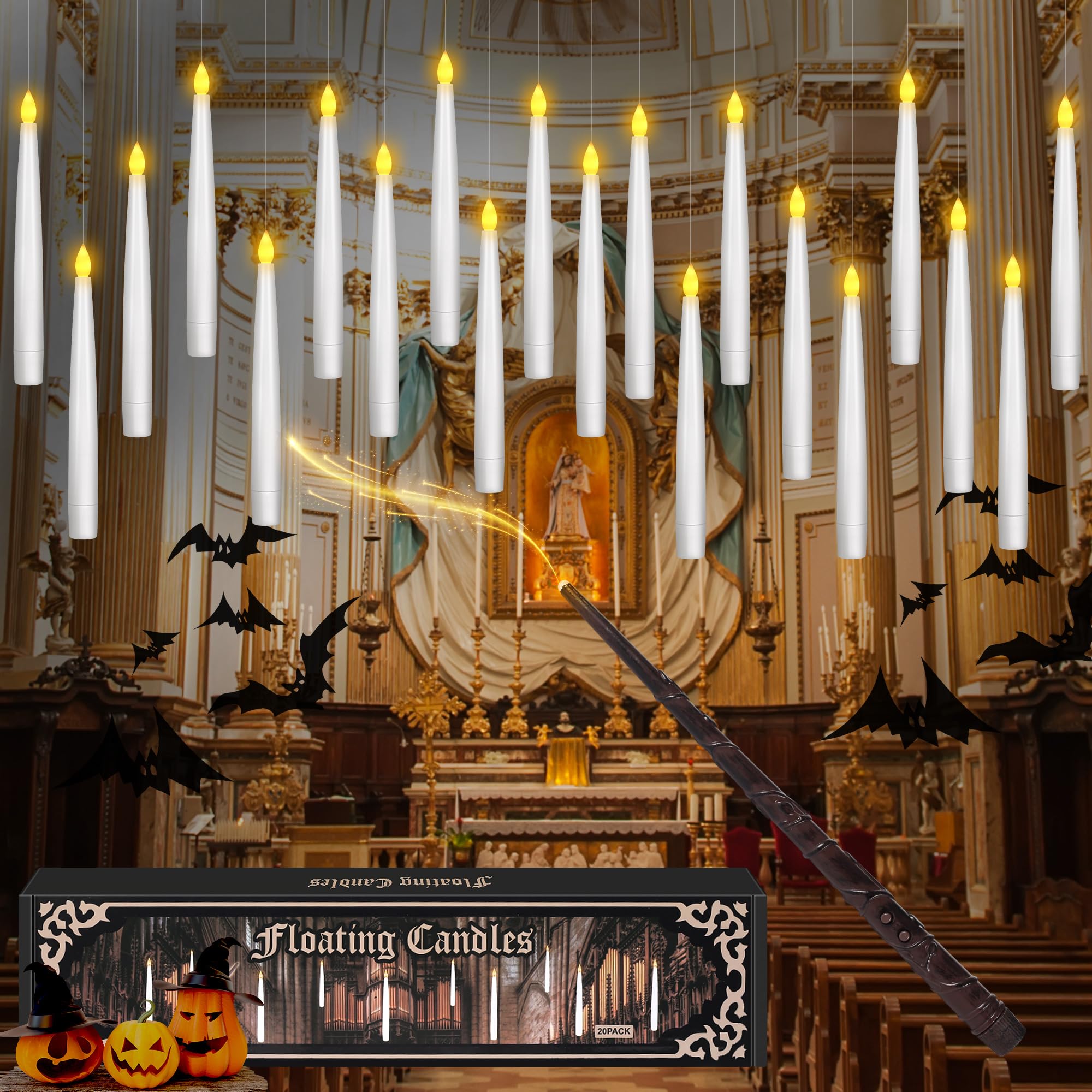 Halloween Decor Floating Candles With Wand, 20Pcs Magic Hanging Candles With Remote,6.9In Flameless Taper Led Candles Battery Op