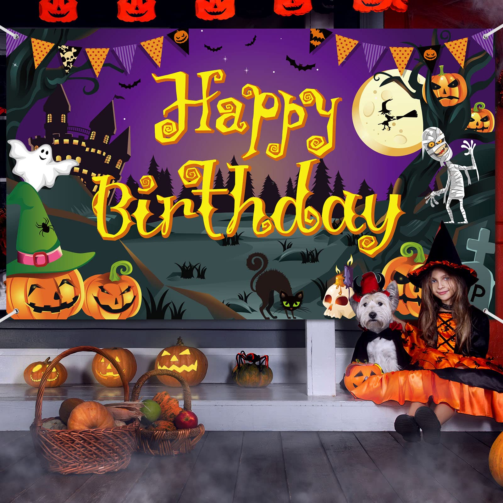 Halloween Birthday Backdrop Happy Birthday Halloween Banner Party Decoration Pumpkin Ghost Spooky Castle Photography Background