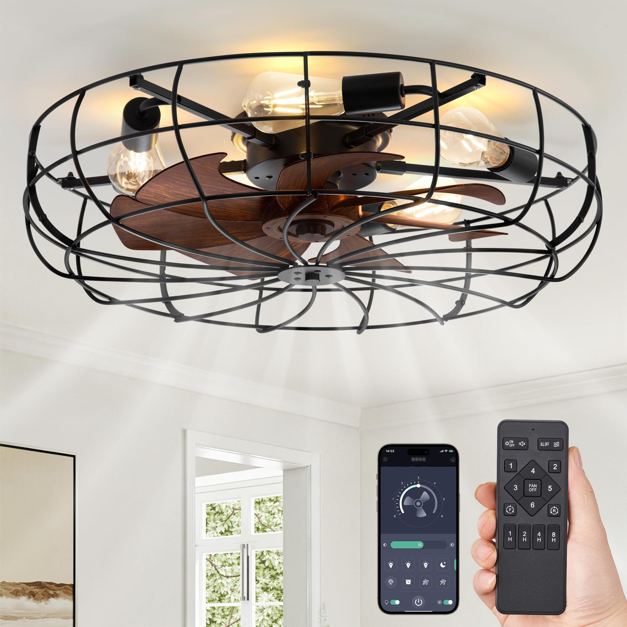 LEDIARY 26 Large Caged Ceiling Fans with Lights and Remote, Flush Mount Bladeless Low Profile, Farmhouse Industrial Enclosed Cei