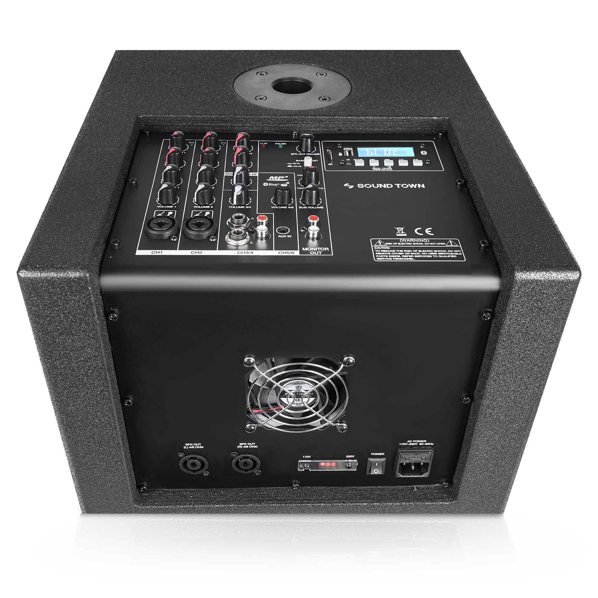 Sound Town 1400 Watts 12' Powered Pa/Dj Subwoofer 2.1 Channel W/ 2 Speaker Outputs, Folded Horn Design, Built In Mixer, Plywood, Black (Carpo M12Ds)