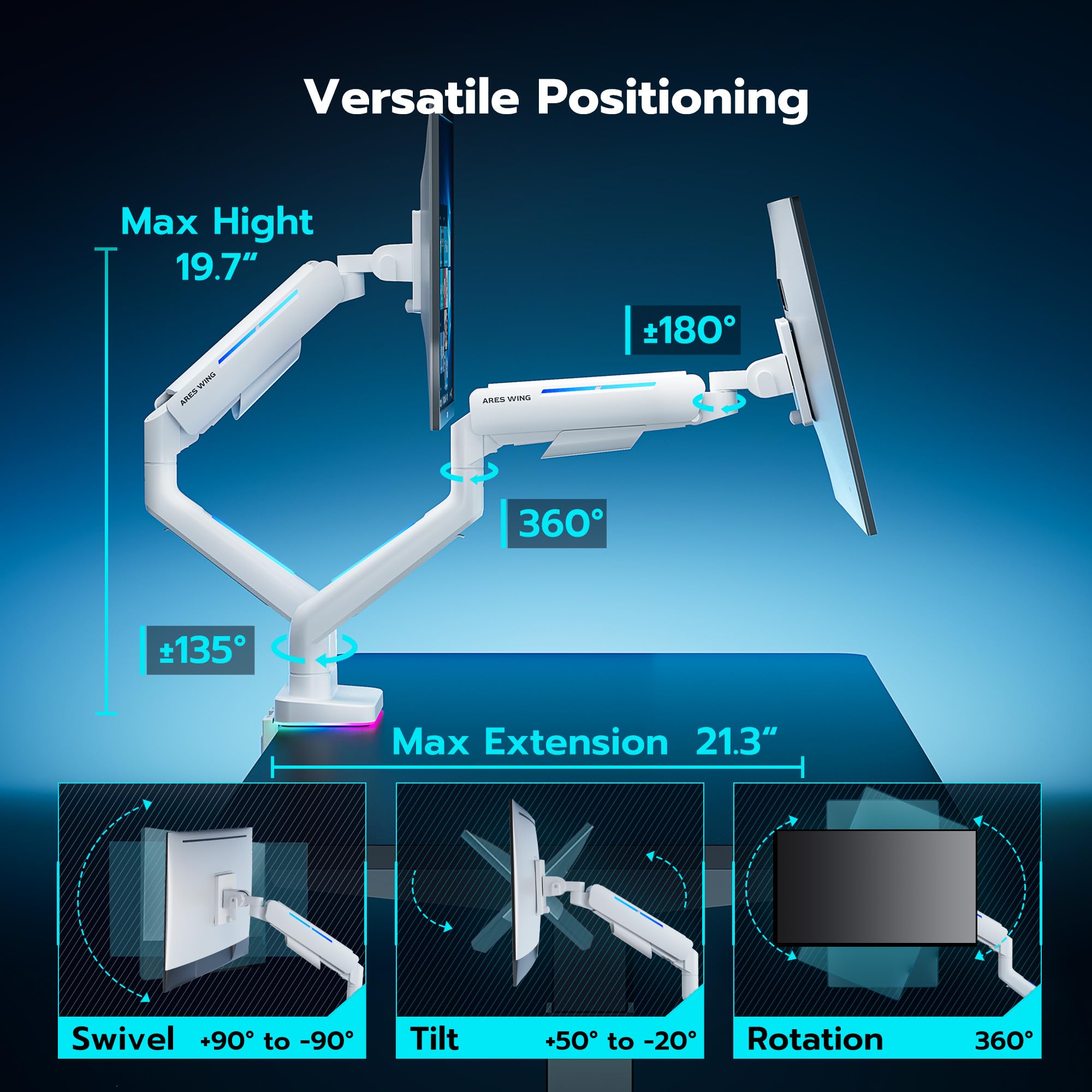 Ares Wing Dual Monitor Stands For 44 Lbs, Fits 17 35'', Rgb Heavy Duty Dual Monitor Arms For Desk, Adjustable Gas Spring Clamp A