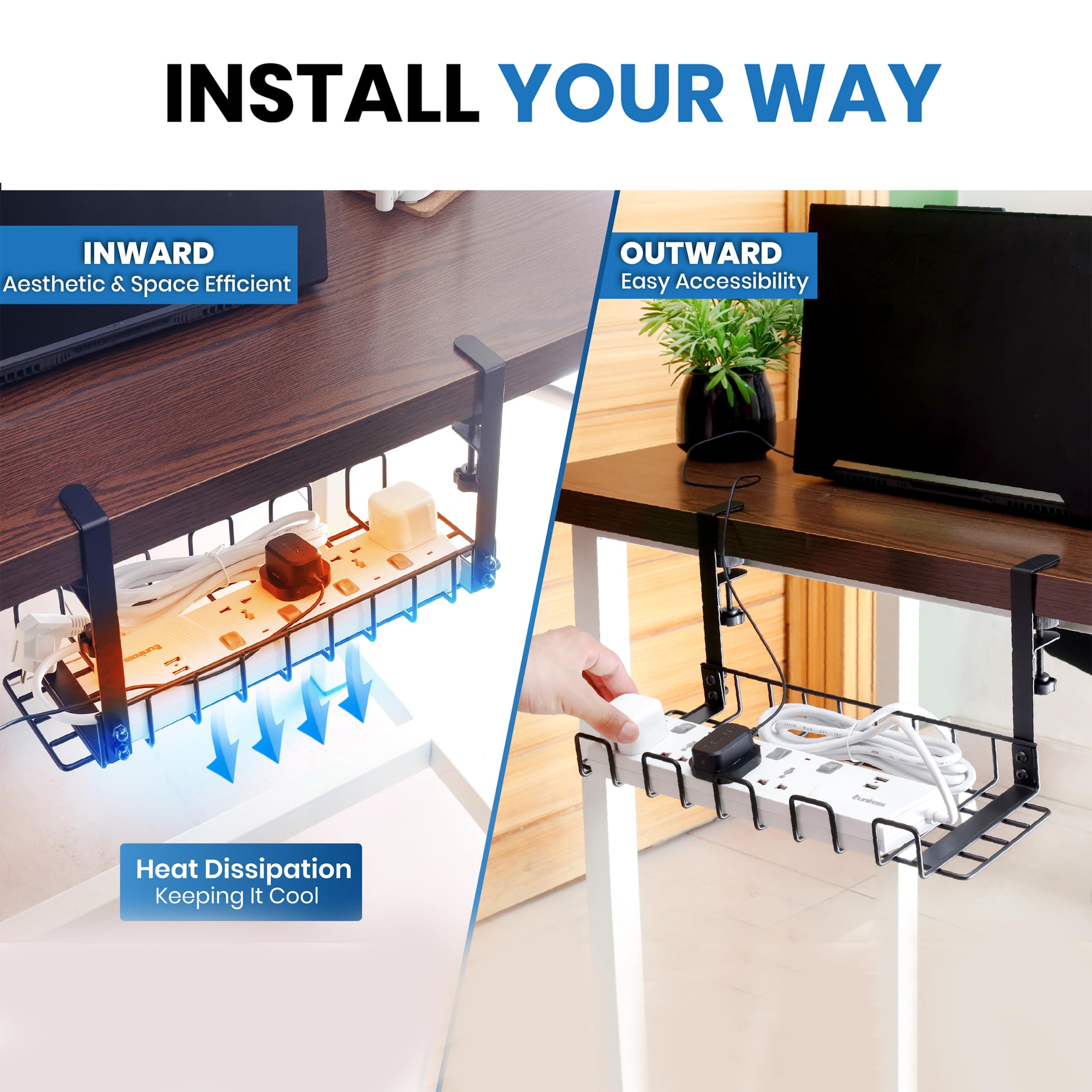 Under Desk Cable Management Tray, 16    No Drill Cord Organizer With Clamps For Wire Management, 4Mm Sturdy Wire Desk Cable Orga