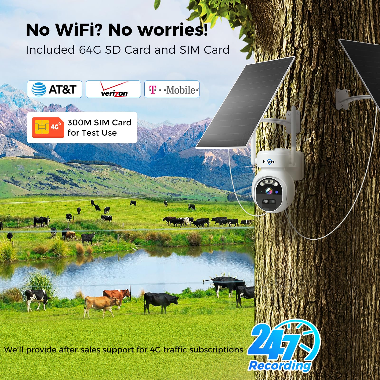 Hiseeu No Wifi Security Camera, [24/7 Recording] 4G Cellular Security Cameras Wireless Outdoor, 20W Solar Cameras 360Ptz, 2K Nig