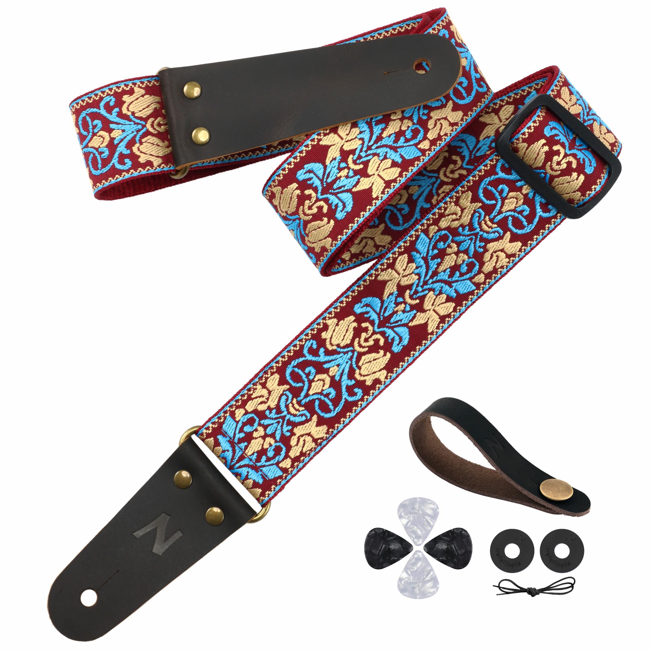 Nefelibata Guitar Strap, 2'' Jacquard Embroidery Guitar Straps, Full Grain Leather Ends With Hidden Pocket, For Bass, Electric A