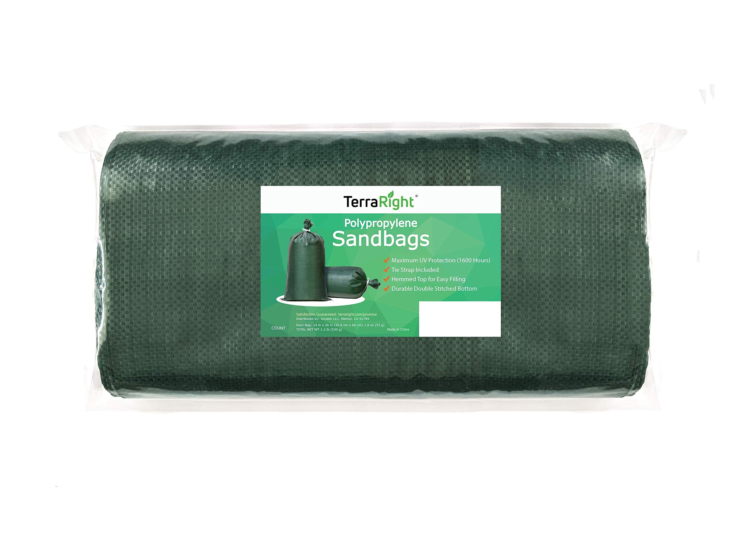 Terraright Sandbags   Extra Durable Empty Green Woven Polypropylene Sand Bags W/Ties, Max. Uv Protection, 14'' X 26'' (50 Count)