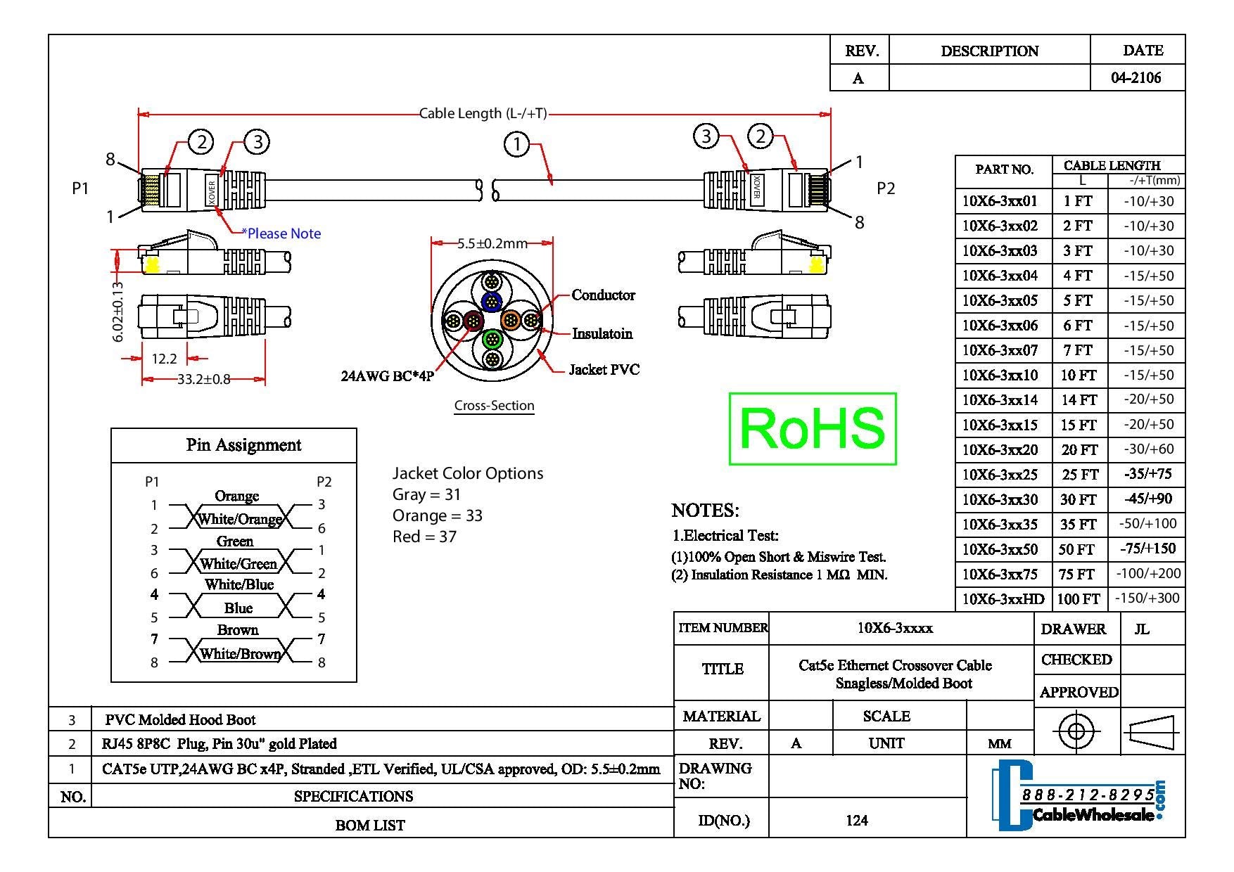 Cablewholesale Cat5E Ethernet Crossover Cable, 24Awg, Rj45 Gold Plate Connector, Snagless Boot, 4 Pair Stranded Copper, Unshield