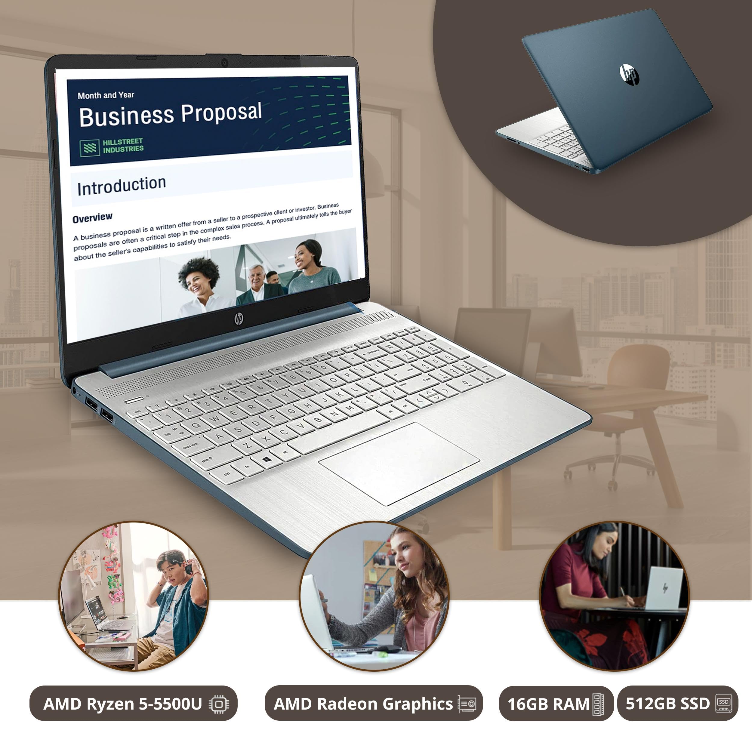 Hp 15.6'' Fhd Business Laptop, Amd Ryzen 5 5500U Processor, 16Gb Ram, 512Gb Pcie Ssd, Amd Radeon Graphics, Hd Webcam, Bluetooth,