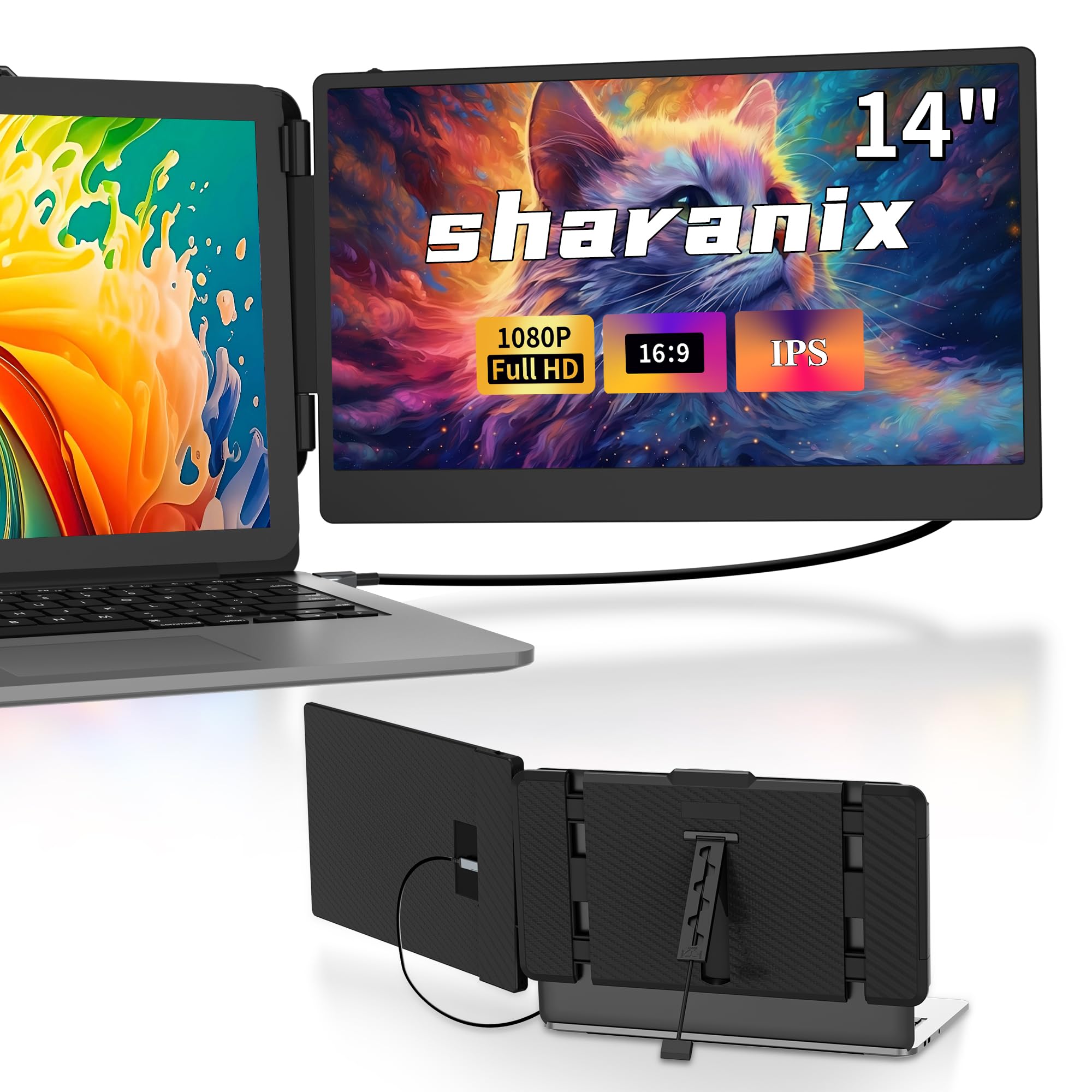 Sharanix 14'' Laptop Screen Extender, Fhd 1080P Ips Dual Screen Laptop Monitor Extender, Portable Monitor For Laptops 13 17.3''