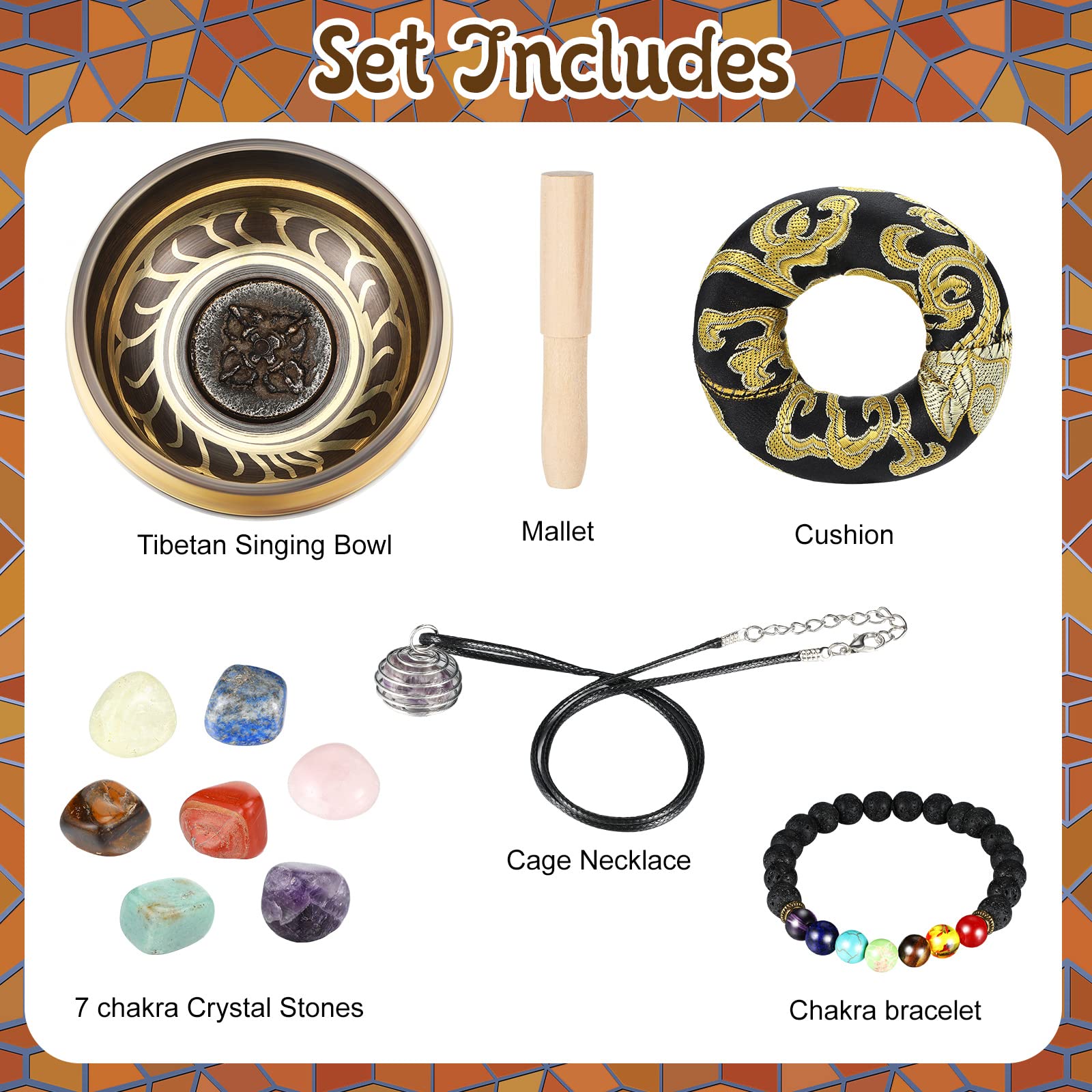 Tibetan Singing Bowls Set For Healing 3.4 Inch Meditation Sound Bath Bowl With 7 Pcs Chakra Crystal Stones Mallet Cushion Chakra Bracelet Pendant For Yoga Mindfulness Spiritual Healing(Black)