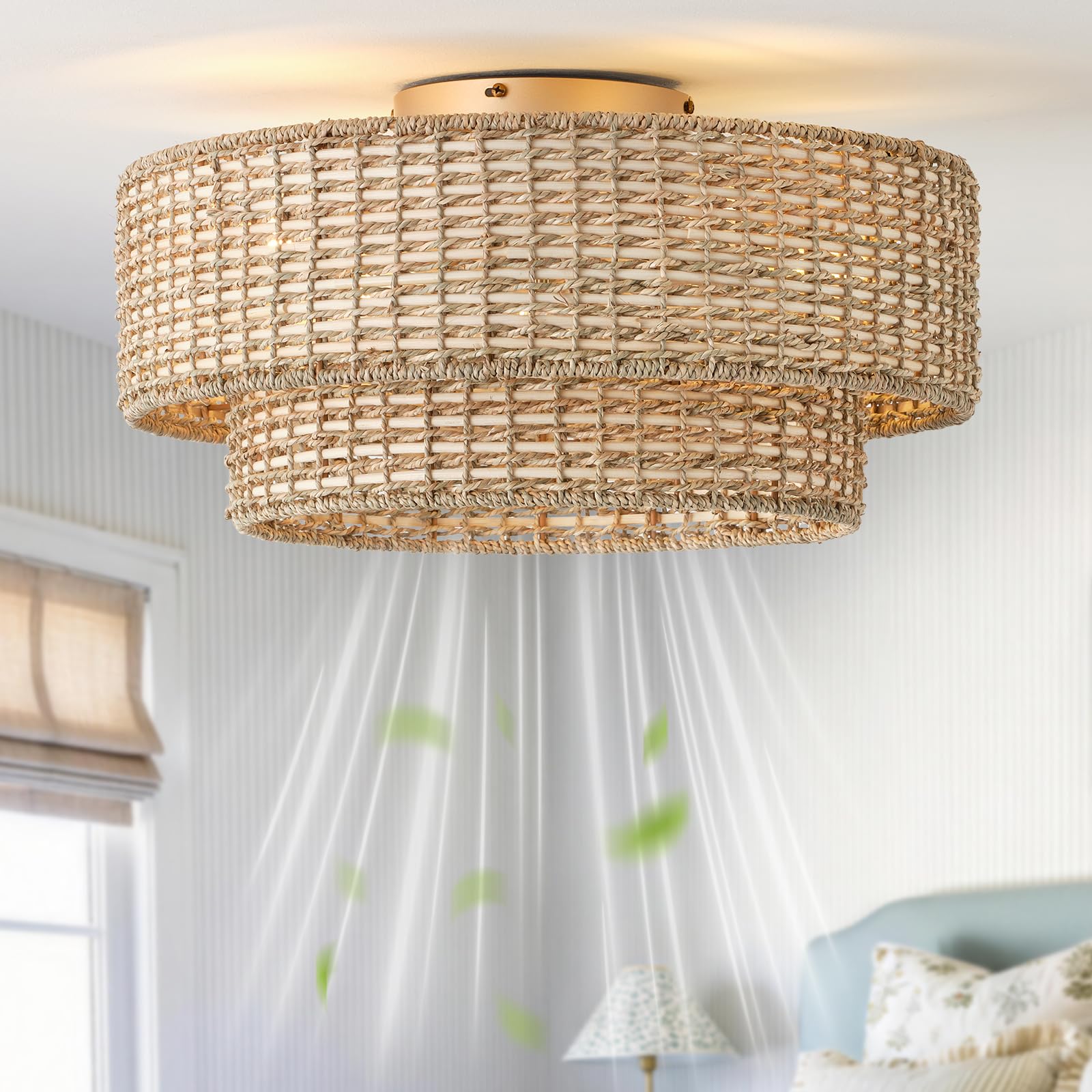 Aevikvioa 20 Boho Fandelier Ceiling Fans with Lights, Rattan Caged Low Profile Ceiling Fan with Lights and Remote Control, Farmh