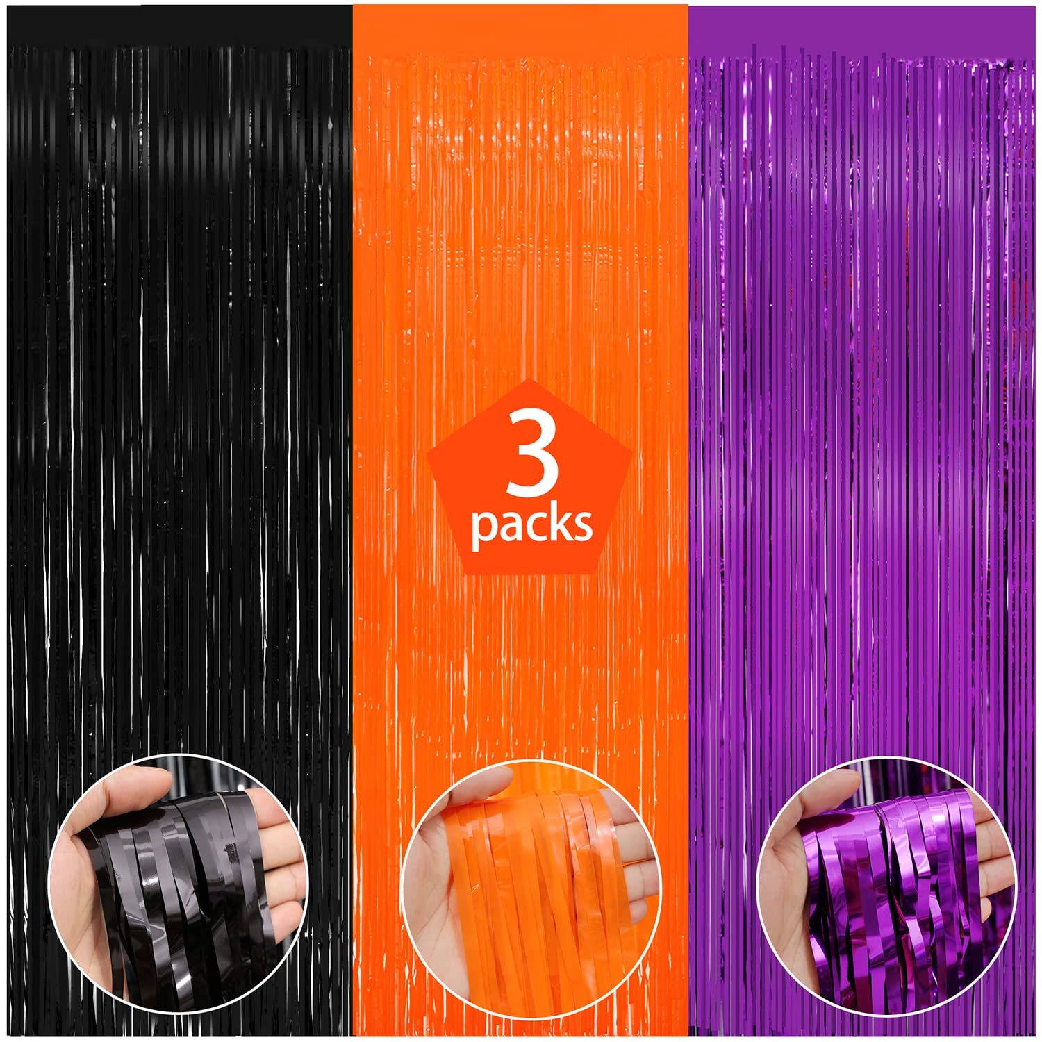 3 Pack Halloween Black Orange Tinsel Foil Fringe Curtain 8X9.84 Ft Backdrop Curtain Black And Orange Streamers For Home Outdoor