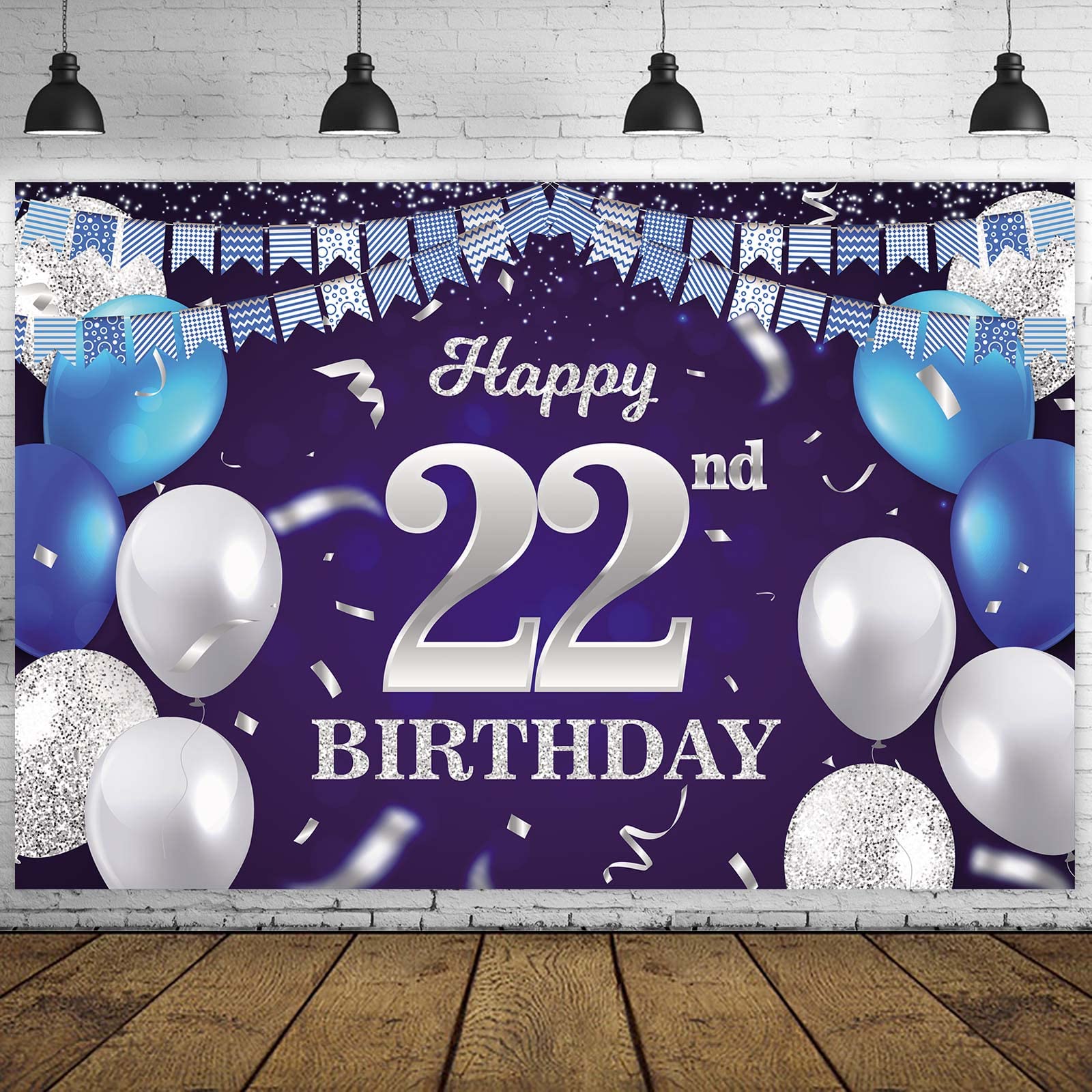 Happy 22Nd Birthday Banner Backdrop Navy Blue Balloons Confetti Stripe Flag Light Spots Cheers To 22 Years Old Theme Decorations