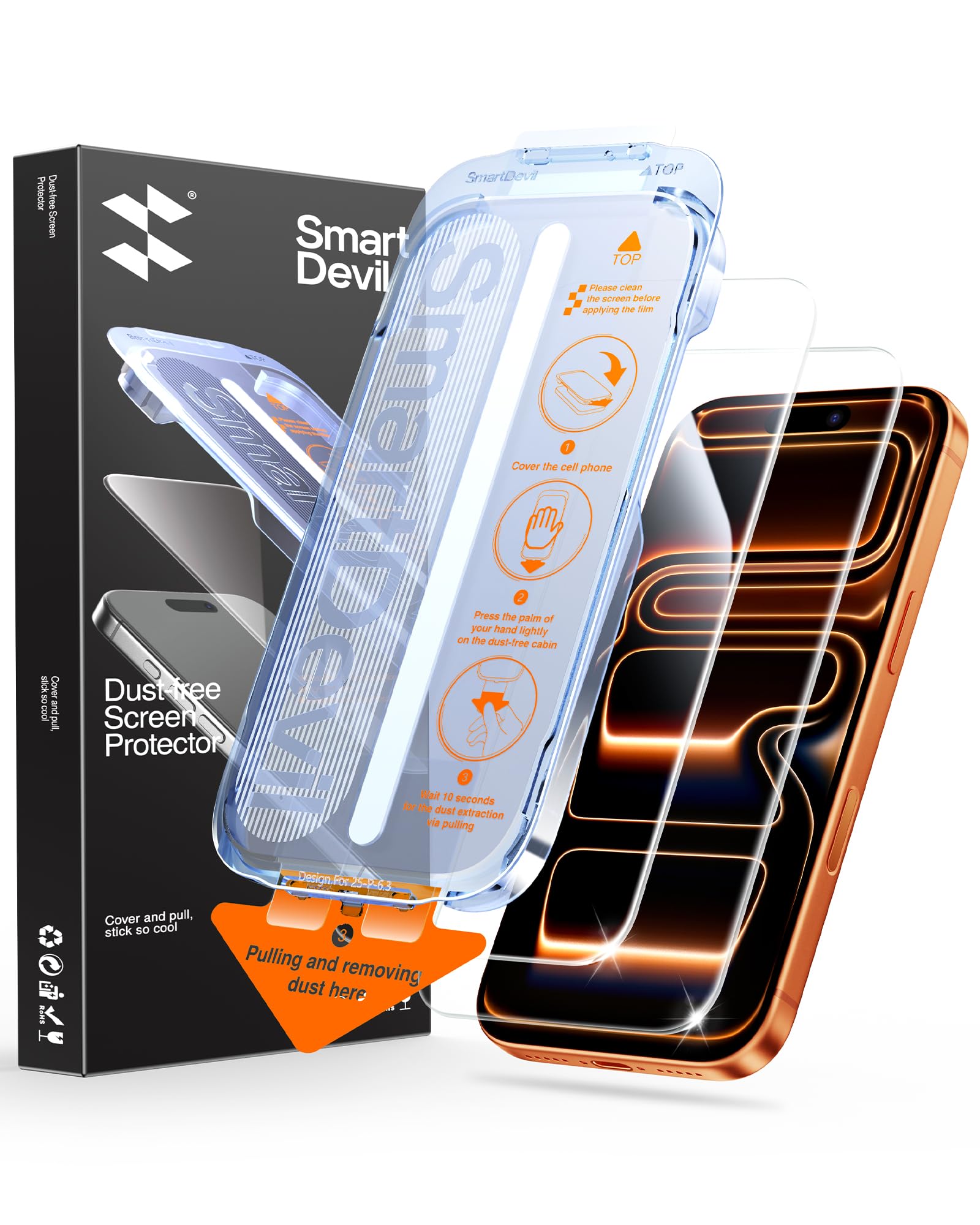 SMARTDEVIL 2 Pack for iPhone 17 Pro Screen Protector, 9H Hardness Military Grade Shatterproof, HD Clear Tempered Glass with Auto