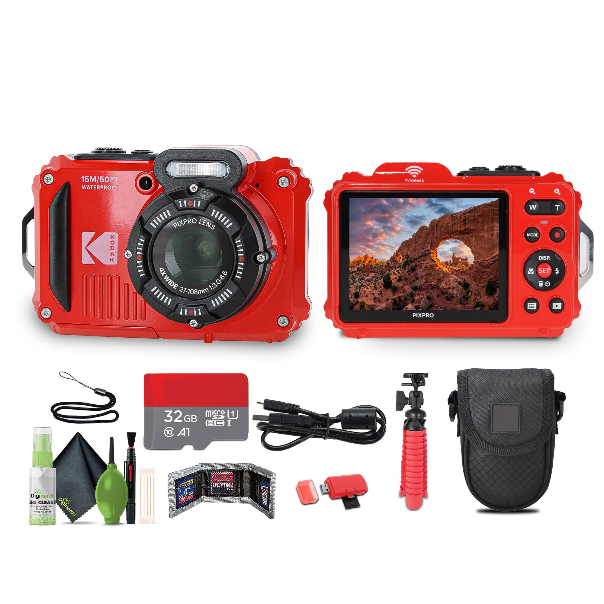 KODAK PIXPRO WPZ2 Rugged Waterproof Shockproof Dustproof WiFi Digital Vlogging Camera 16MP (Red) Bundle with 32GB Memory Card + 