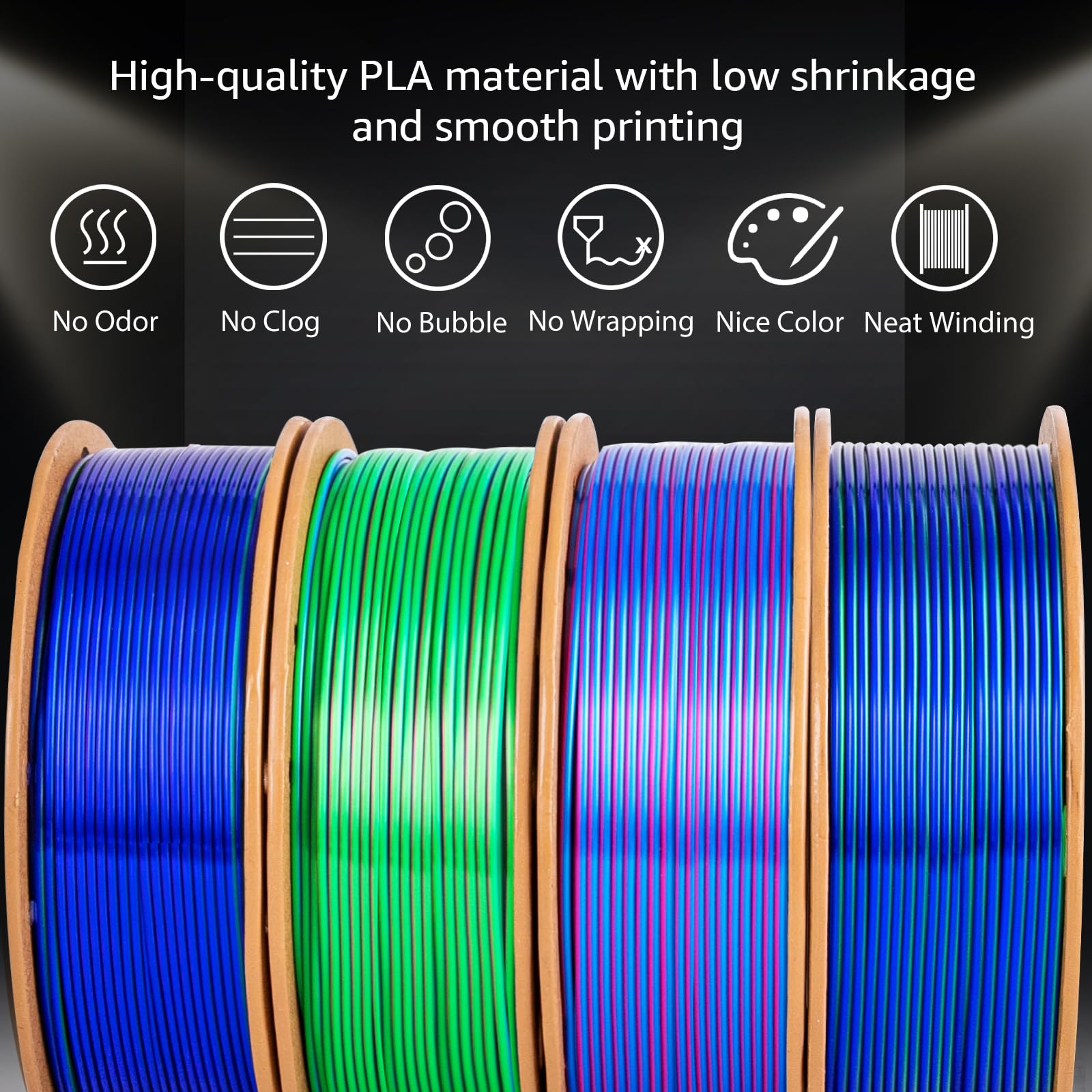Dikale Silk Pla+ Pro 1.75Mm 3D Printer Filament - 4 Spool Multi-Color Bundle (250Gx4) With Rose Red/Sky Blue/Green/Dark Blue- Tr