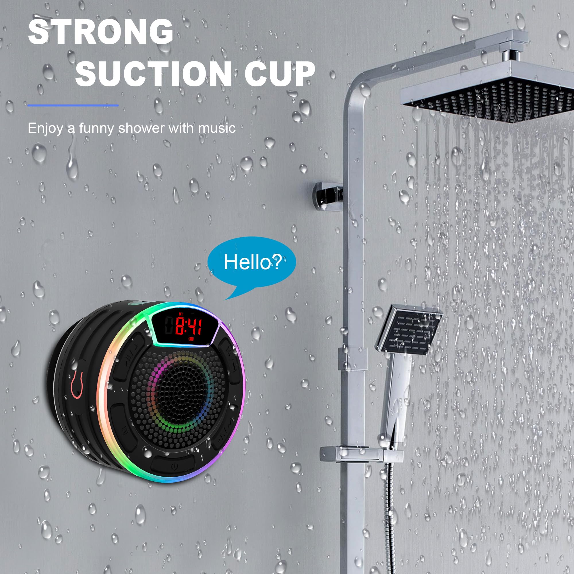 Basspal Bluetooth Speakers, Ipx7 Waterproof Shower Speaker, Portable Speaker With Led Display, Fm Radio, Suction Cup, Light Show, Built In Mic, Best Gifts For Pool Beach Home Party Travel Outdoors