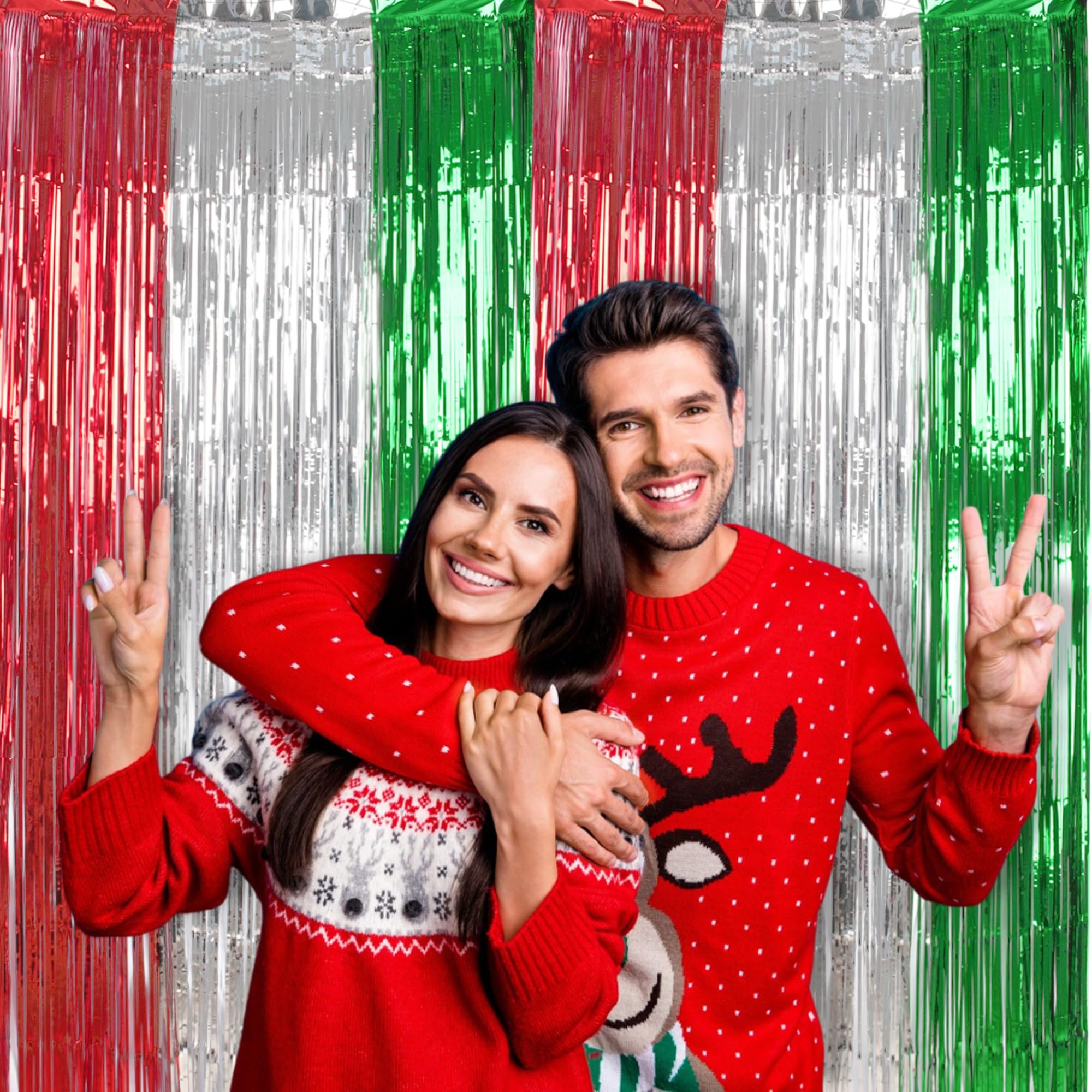 Braveshine 2 Pack Christmas Fringe Backdrop Red Silver Green Christmas Party Decorations 3.2 X 6.6 Ft Tinsel Foil Curtain Party