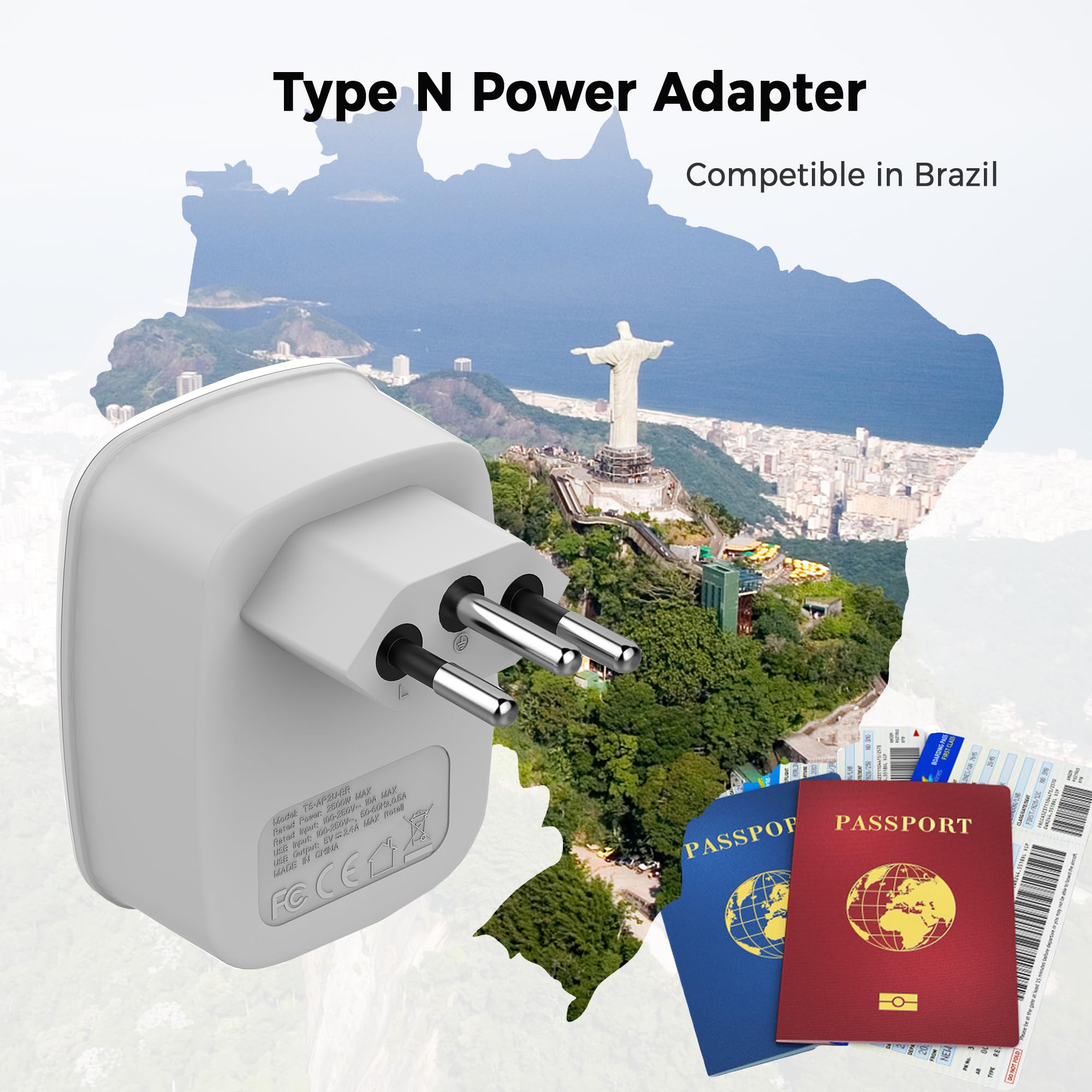 Tessan Brazil Power Adapter Travel Plug, 3 In 1 Usa Outlet Adapter With 2 Usb Charging Ports And Us Grounded Input For Usa To Br
