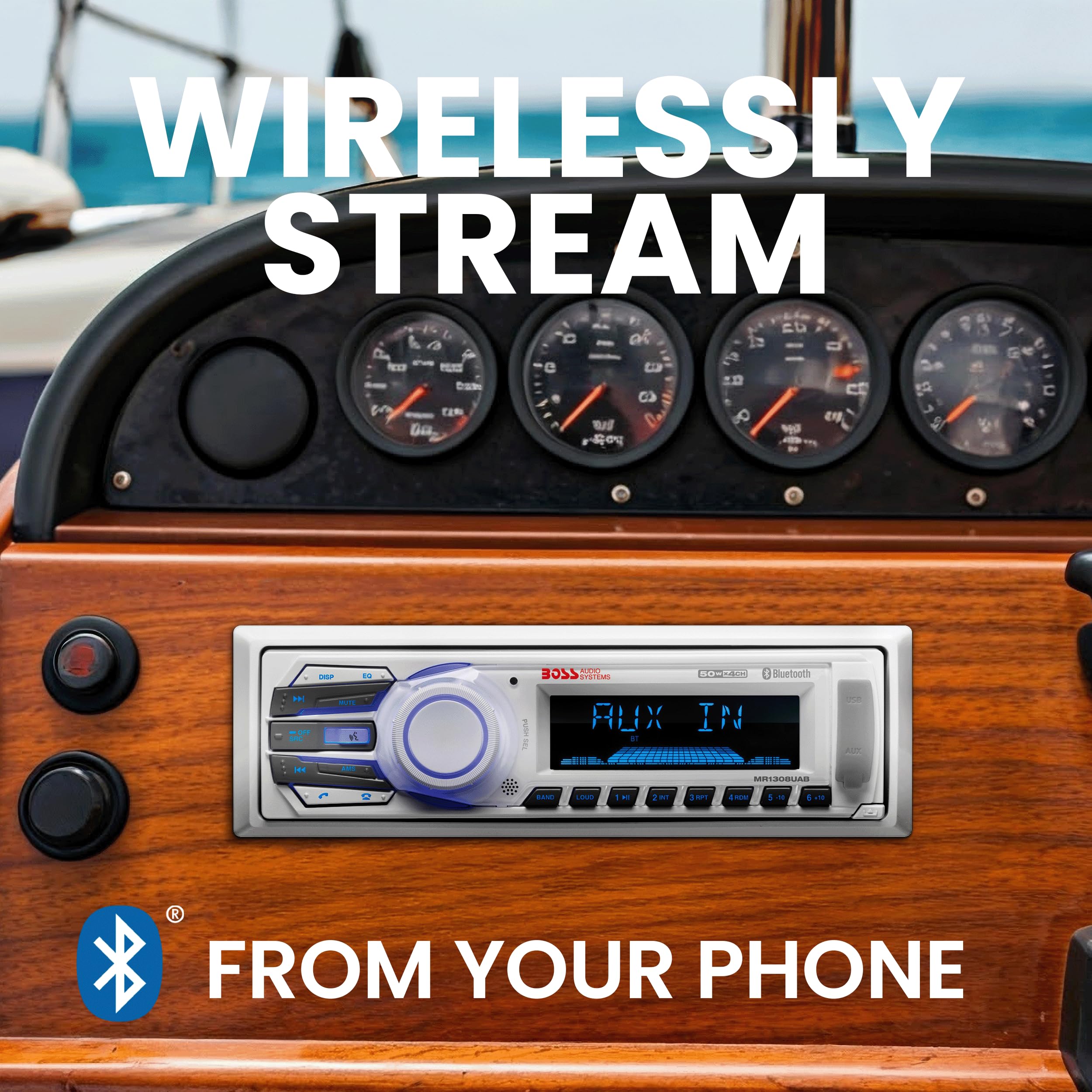 Boss Audio Systems Mr1308Uab Marine Receiver   Weatherproof, Bluetooth Audio, Usb, Sd, Mp3, Am/Fm, Aux In, No Cd Player, White,
