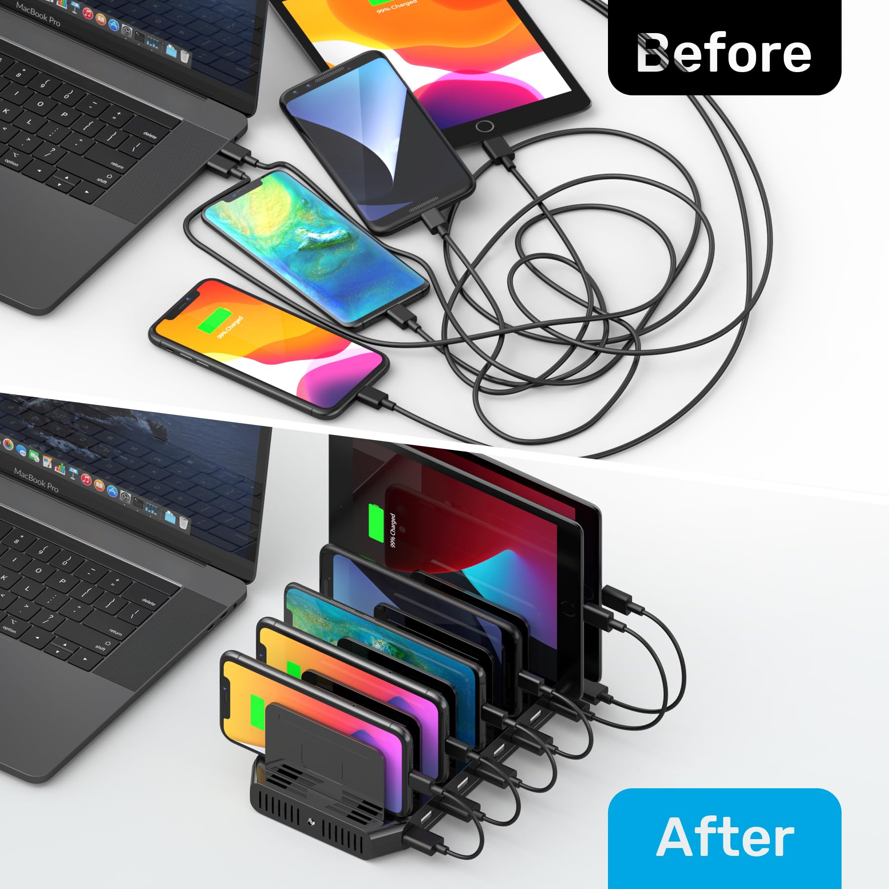 Unitek Usb Charging Station, 10 Usb Fast Ports Charge Docking Station And Adjustable Dividers, Multi Device Charger Organizer Co