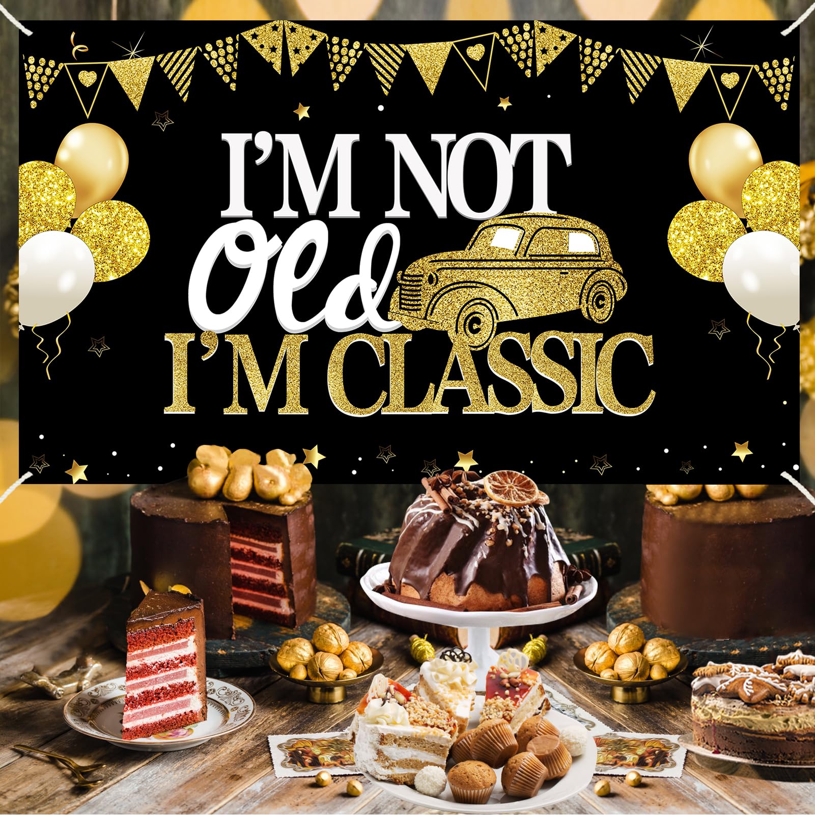 Funny Birthday Decorations For Men I'M Not Old I'M Classic Backdrop,Black Gold Funny Classic Car Happy Birthday Backdrop Party S