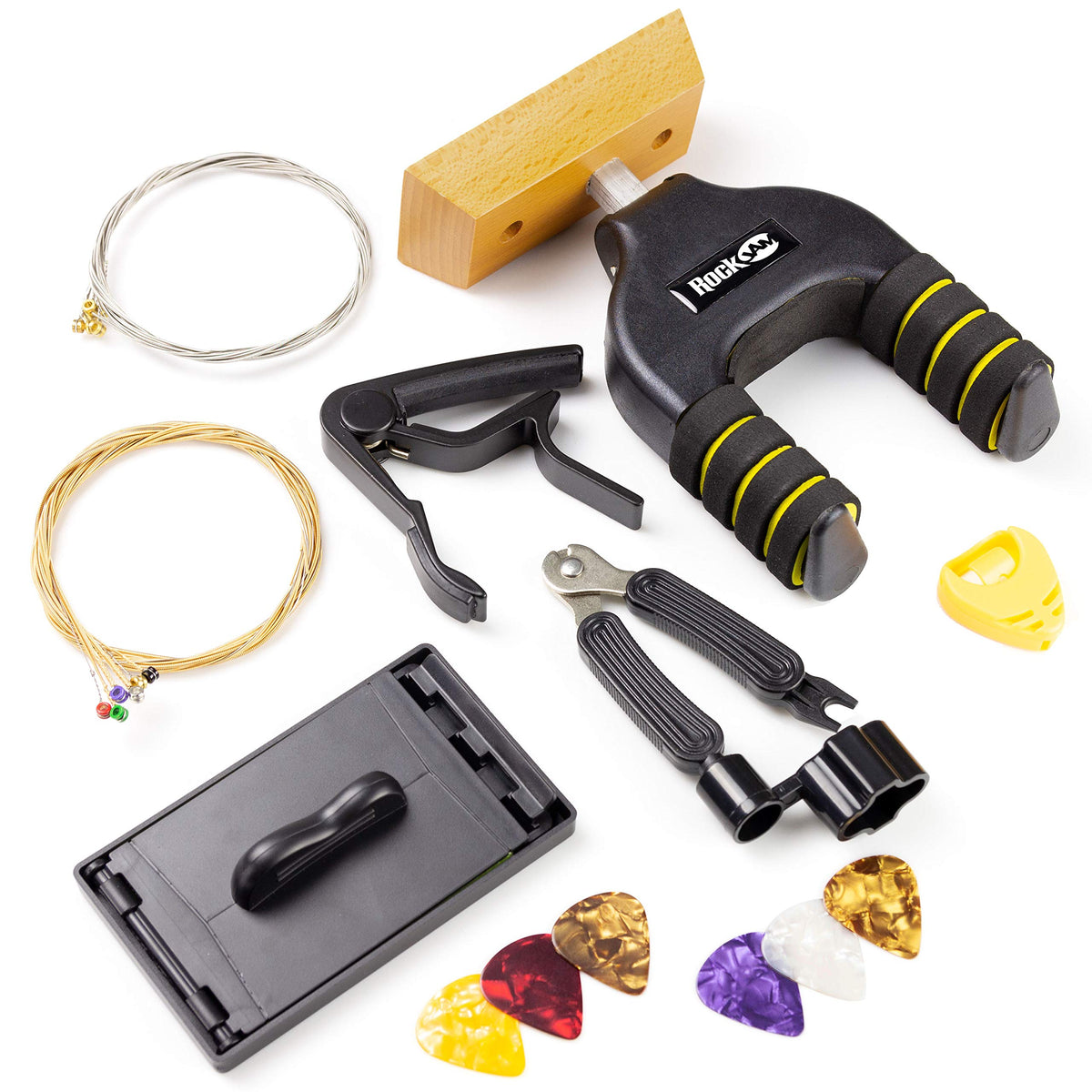 Rockjam Universal Guitar Accessories Super-Kit With Hanger, Capo, Electric & Acoustic Strings, Tuner Multi-Tool, Plectrums & Pic