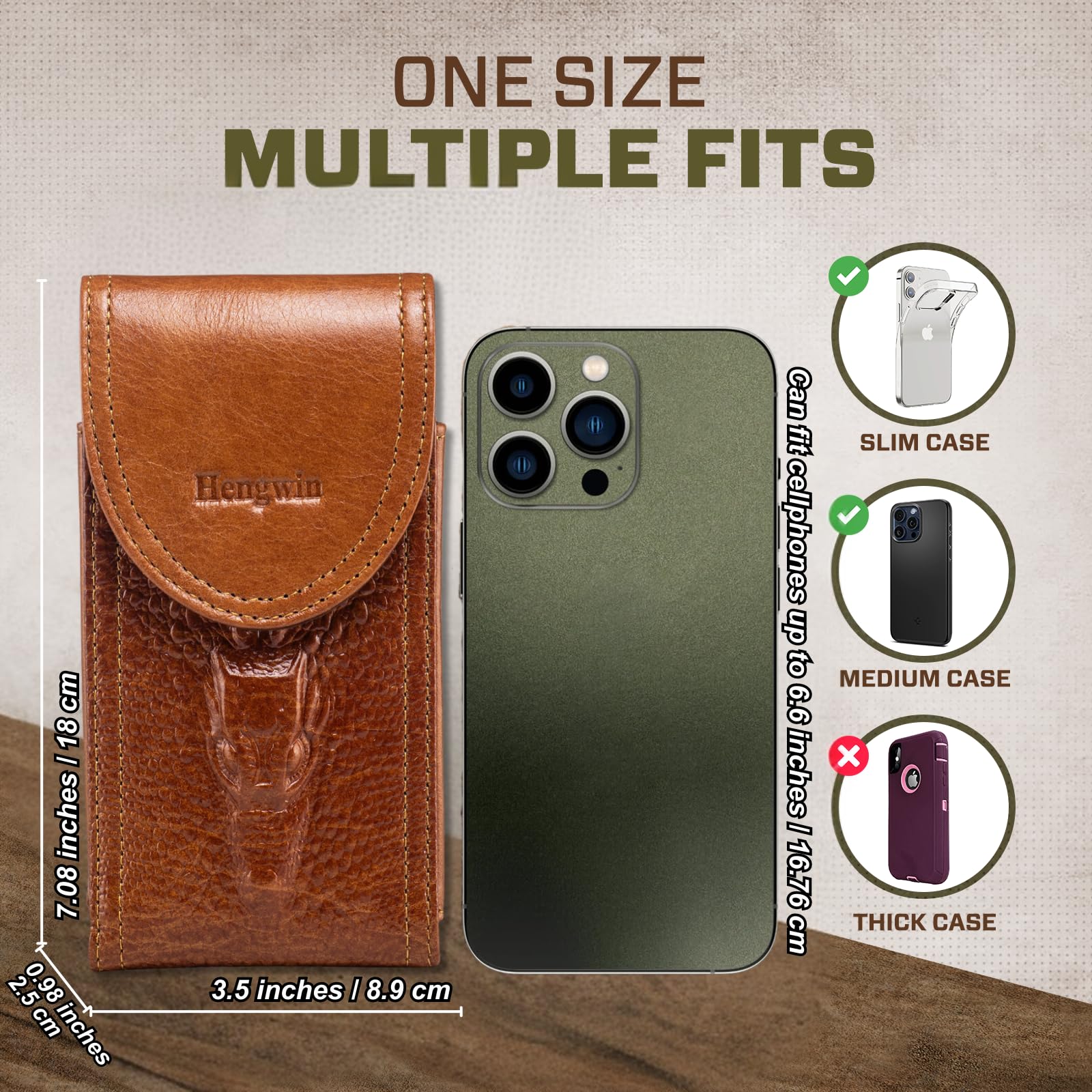 Hengwin Genuine Leather Phone Holster Fits For Iphone 16 Pro Max 15 Plus 14 Pro Max Samsung Galaxy A15 Note 9 8 S23+ S22+ S21 Fe