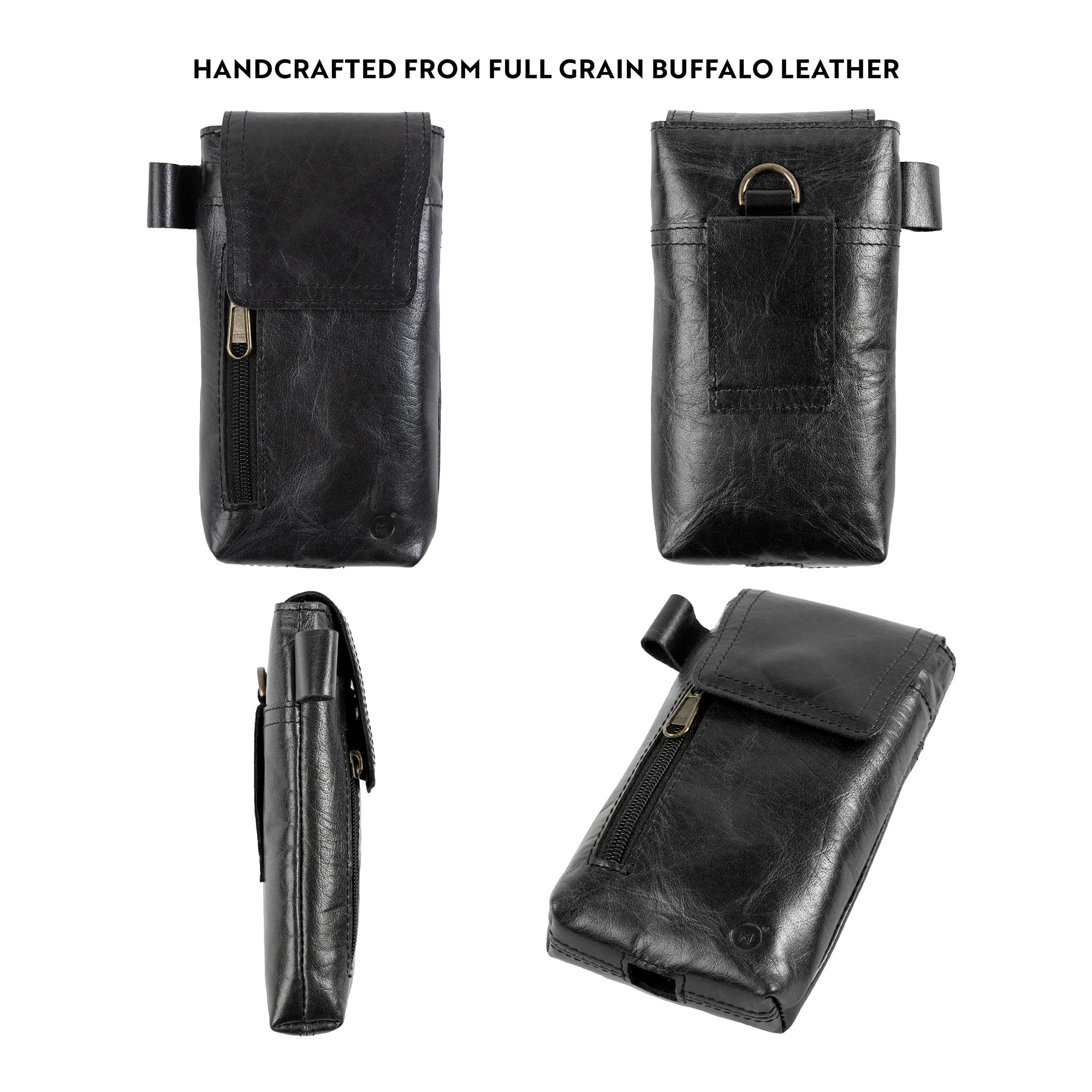 Moonster Leather Phone Holster - Genuine Full-Grain Buffalo Leather Pouch for Large Smartphones, 7”H x 3.5"W, Black, Model PHBLK23