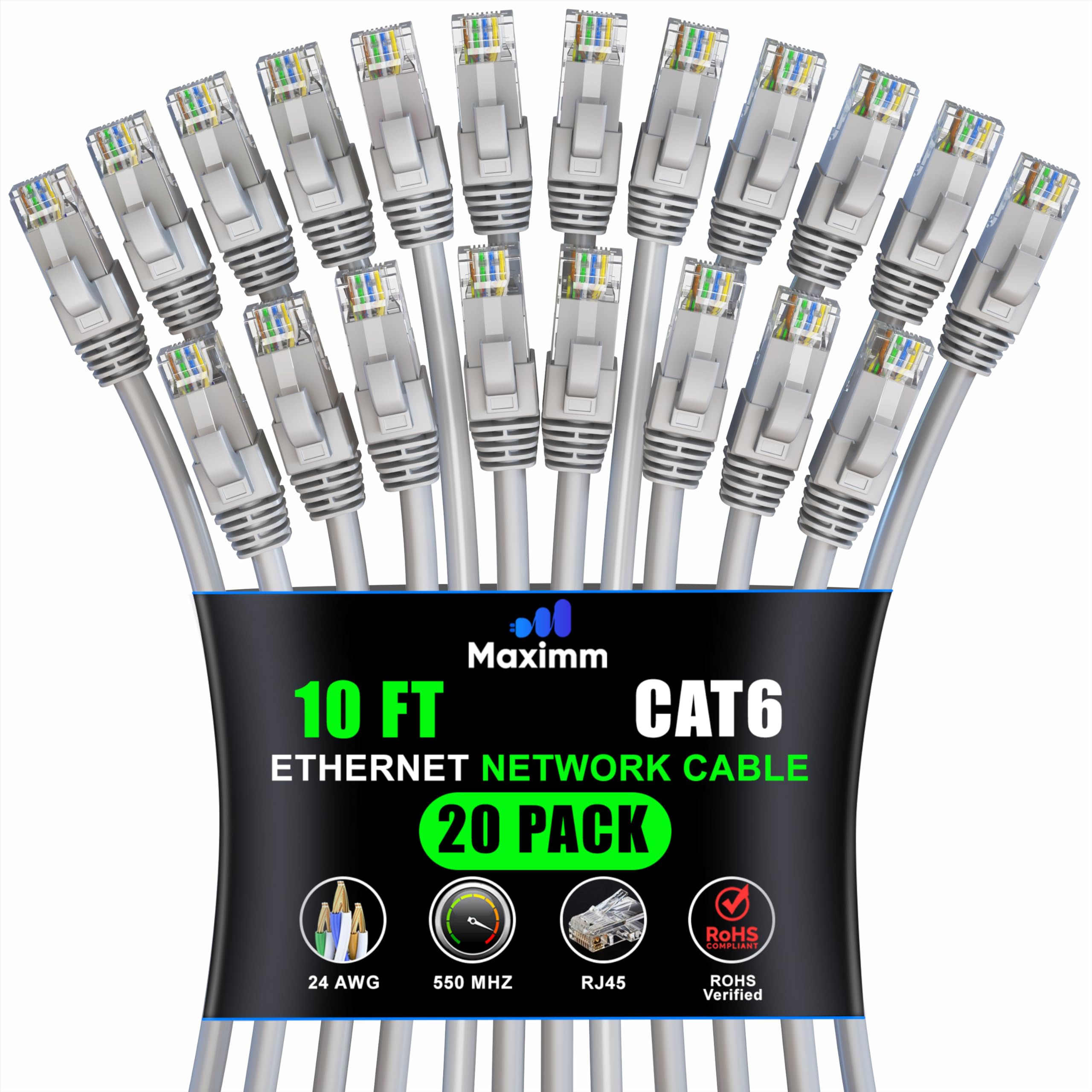 Maximm Cat 6 Ethernet Cable 10 Ft (20 Pack)   High Speed Lan Cable, Internet Cable, Patch Cable, And Network Cable   Utp, 10Gbps, 550Mhz Ethernet Cord   Gray