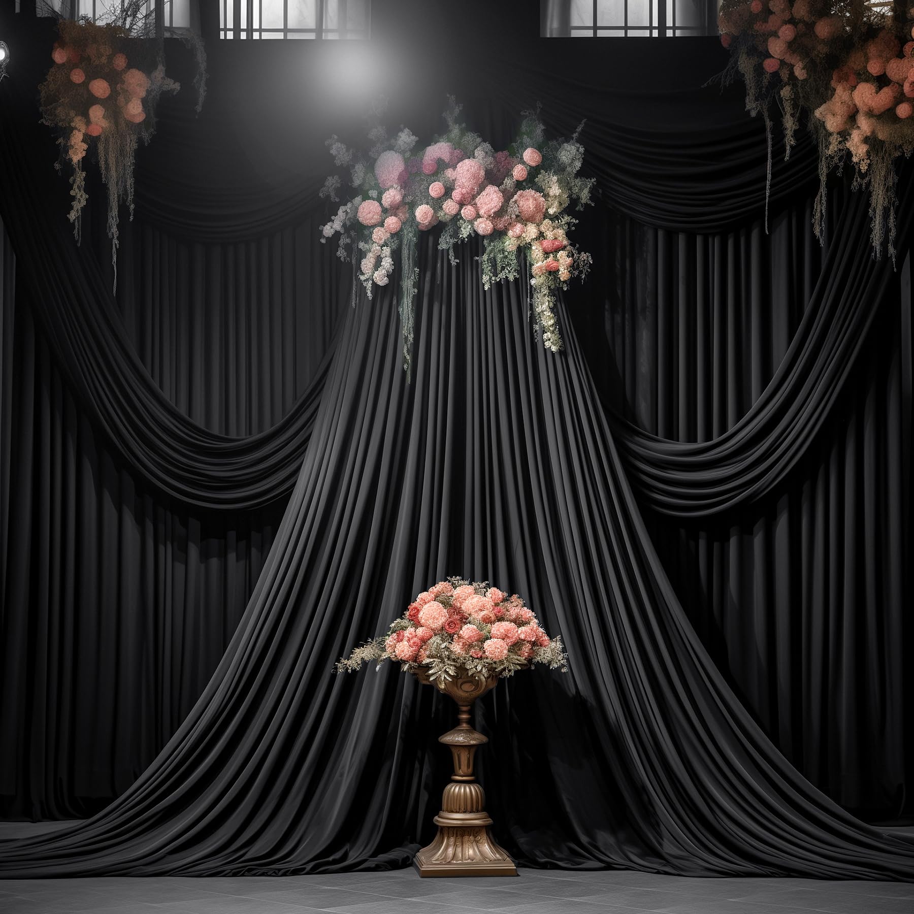 Black Backdrop Curtains For Wedding Parties, 6 Packs Black Backdrop Drapes Wrinkle Free Polyester Wedding Backdrop For Baby Show