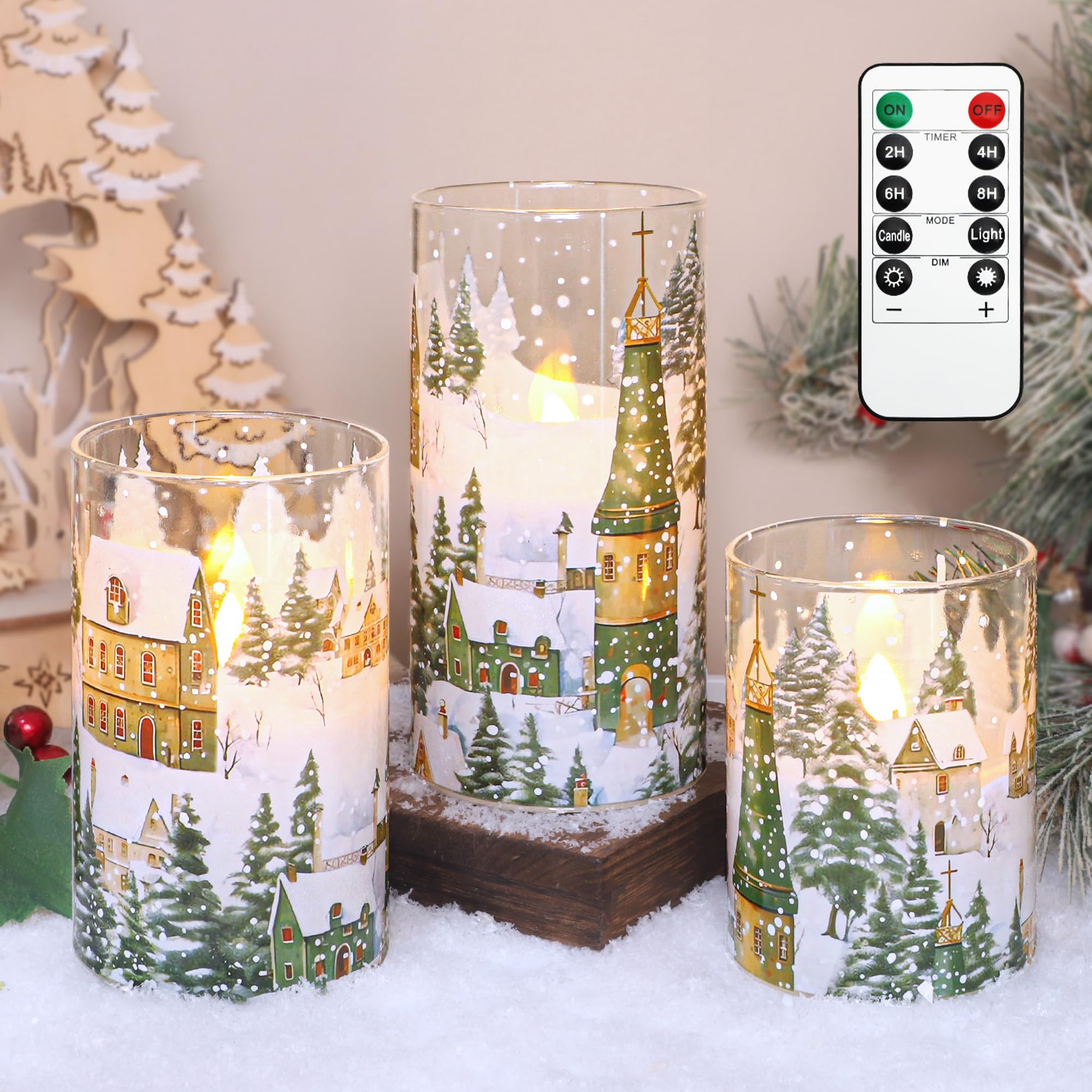Christmas Flameless Candles Winter Village Scene Battery Operated Candles with Remote Control & Timer Function Real Wax LED Cand