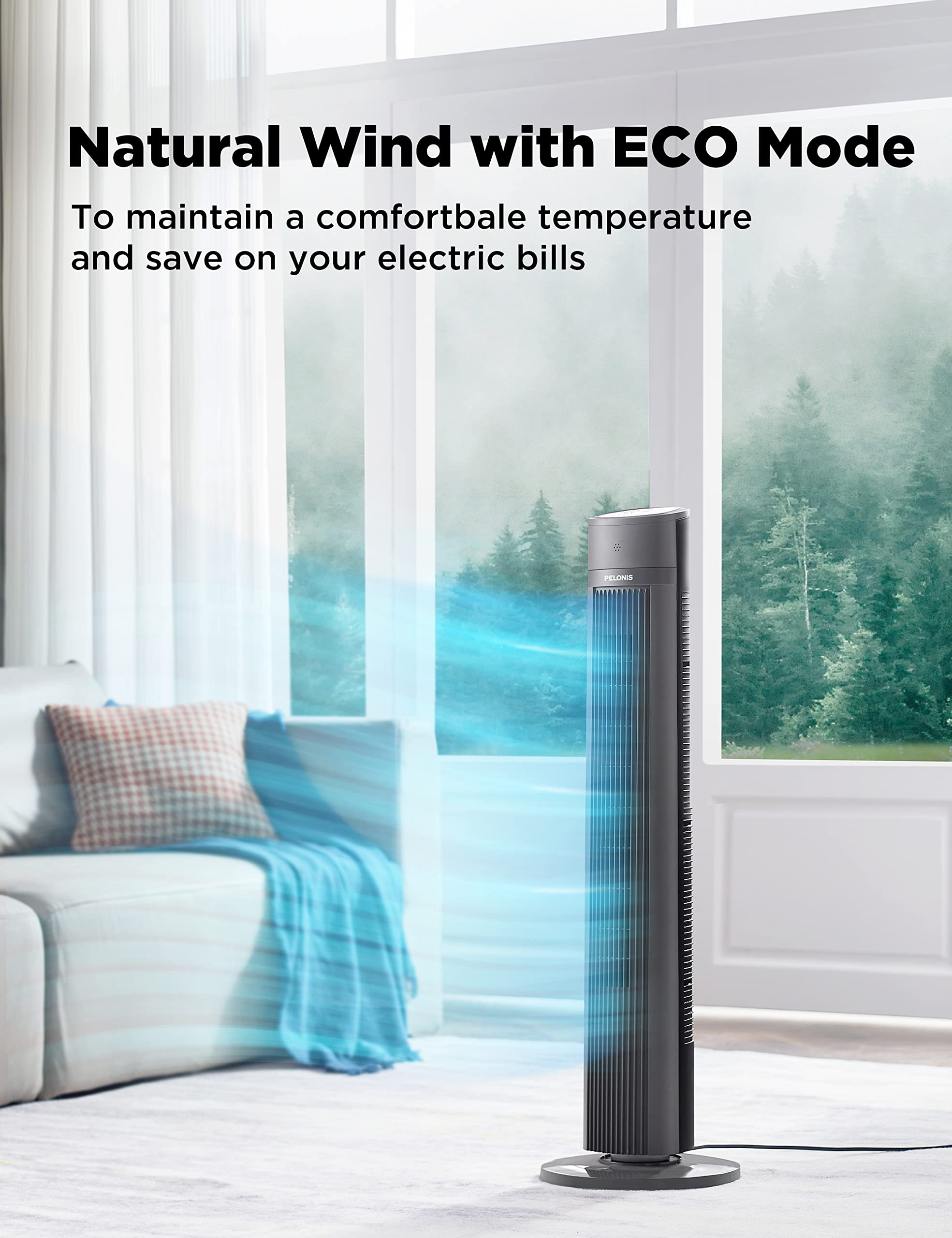 Pelonis 40''Oscillating Tower Fan | Remote Control | Quiet Stand Up | 3 Speed Settings | 3 Modes |15 Hour Timer | Led Display |