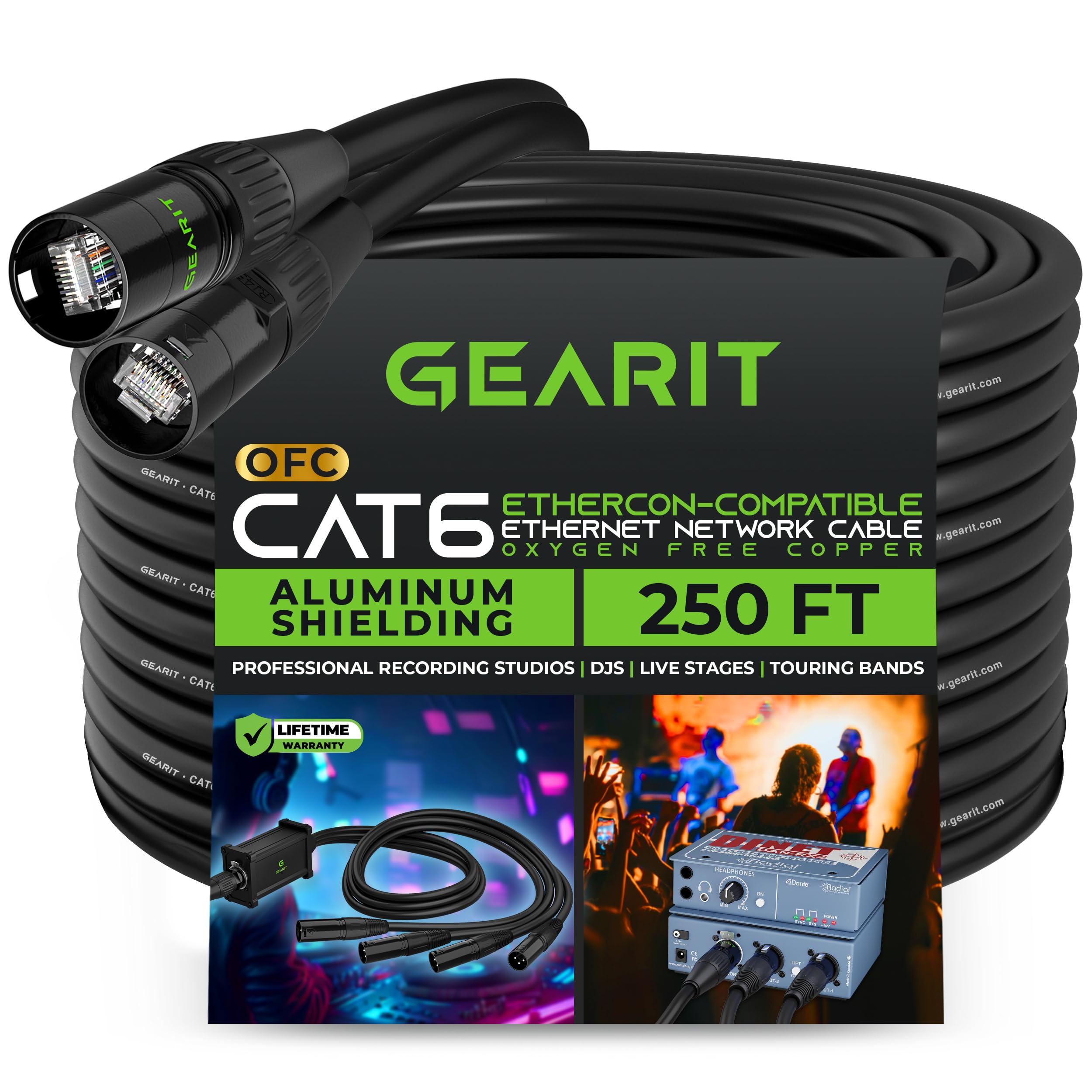 Gearit Cat6 Ethernet Cable, Ethercon Compatible (250 Feet) Rj45 Connectors For Pro Audio, Aluminum Shielded, Oxygen Free Copper
