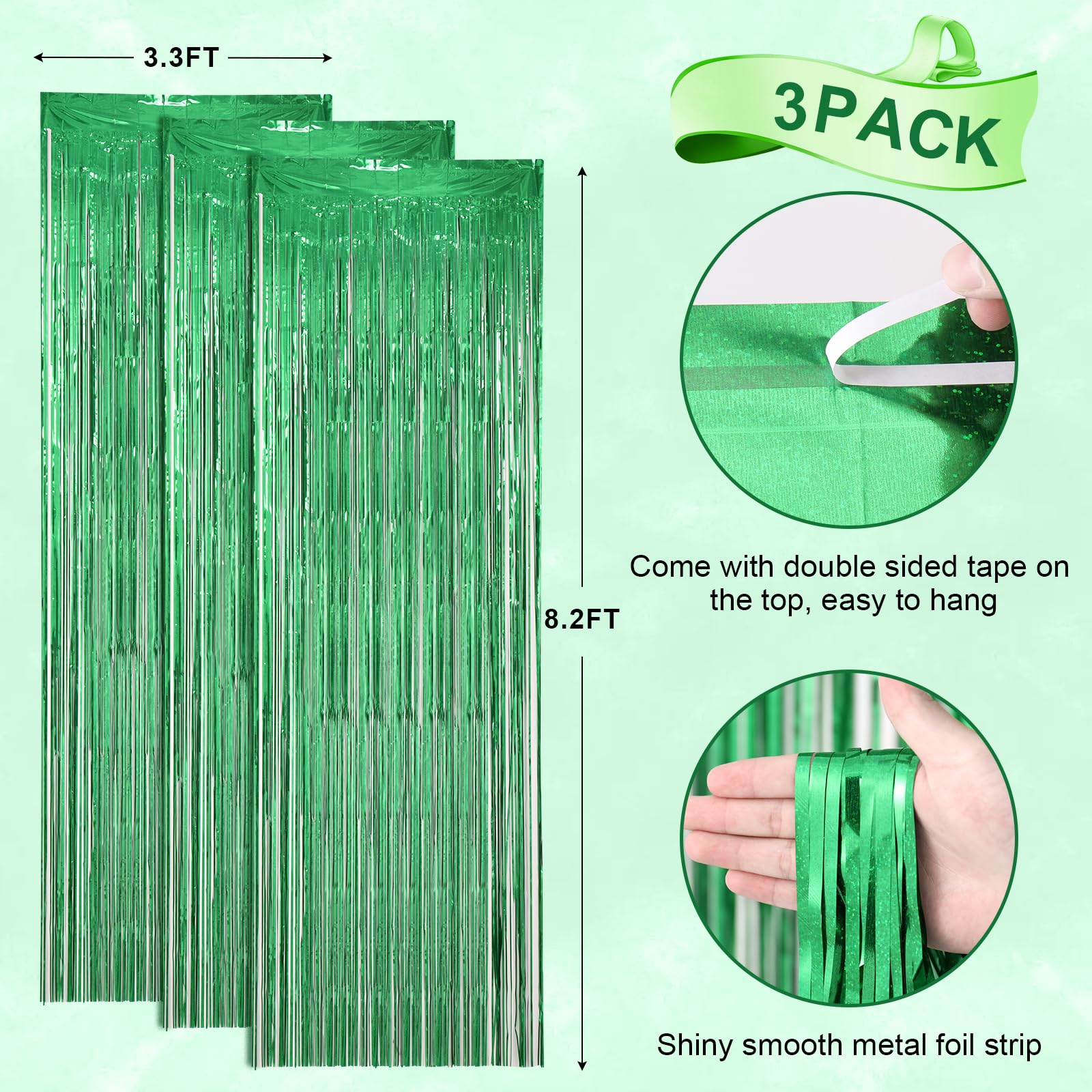 Voircoloria 3 Pack 3.3 X 8.2 Ft Laser Green Foil Fringe Backdrop Curtains, Tinsel Streamers Birthday Party Decorations, Fringe B