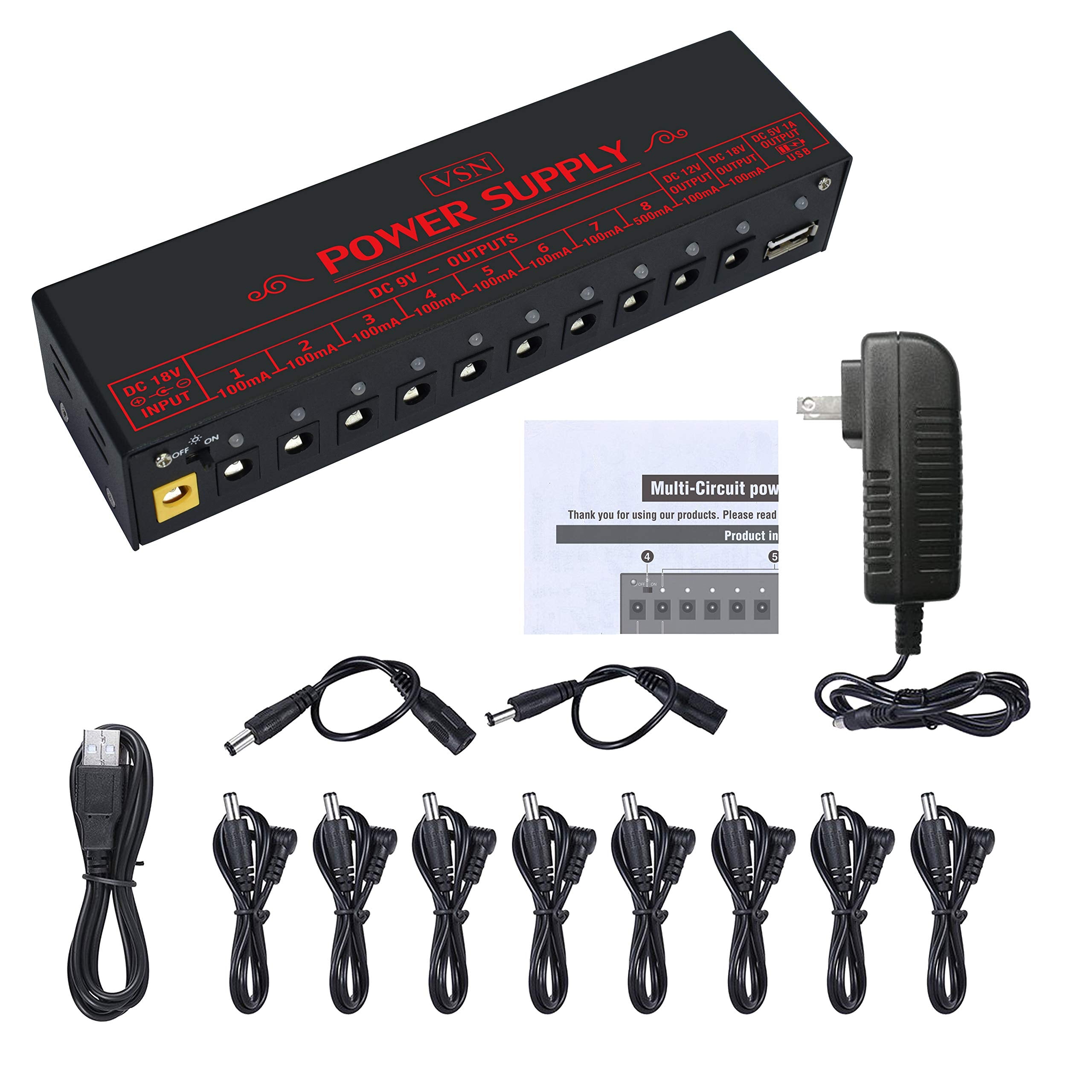VSN Guitar Pedal Power Supply 10 Isolated DC Output for Power Supply 9V/12V/18V DC Outputs & USB Charging Port with Short Circui