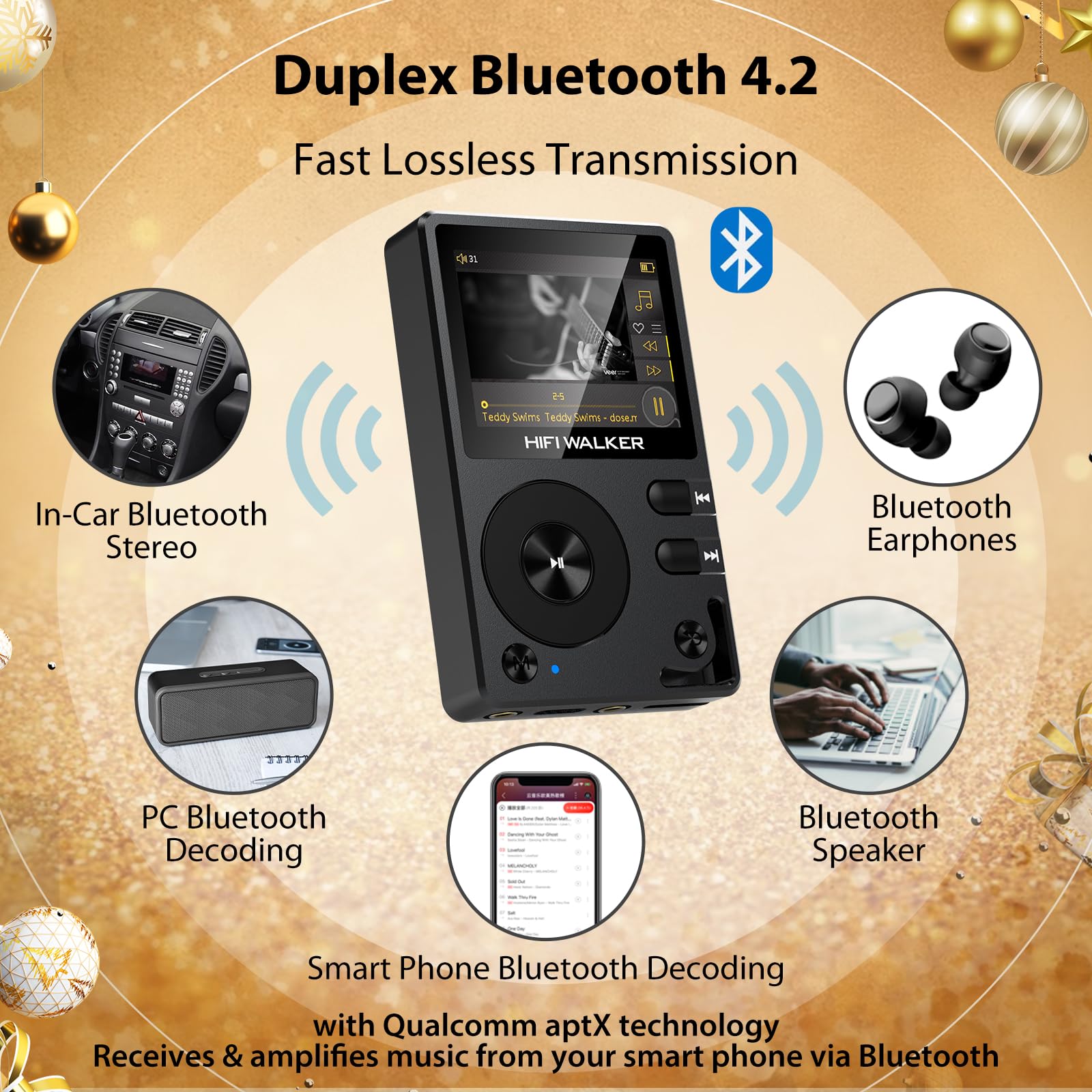 Hifi Walker H2 Hifi Mp3 Player With Bluetooth, Lossless Dsd Dac Flac, High Resolution Music Player, Portable Audio Player With 6