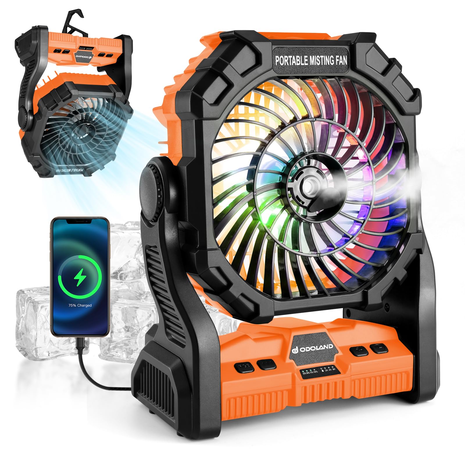Odoland 20000Mah Camping Fan, Portable Misting Fan With Rgb Light, Battery Operated Rechargeable Mister Tent Fan With Hook & 250