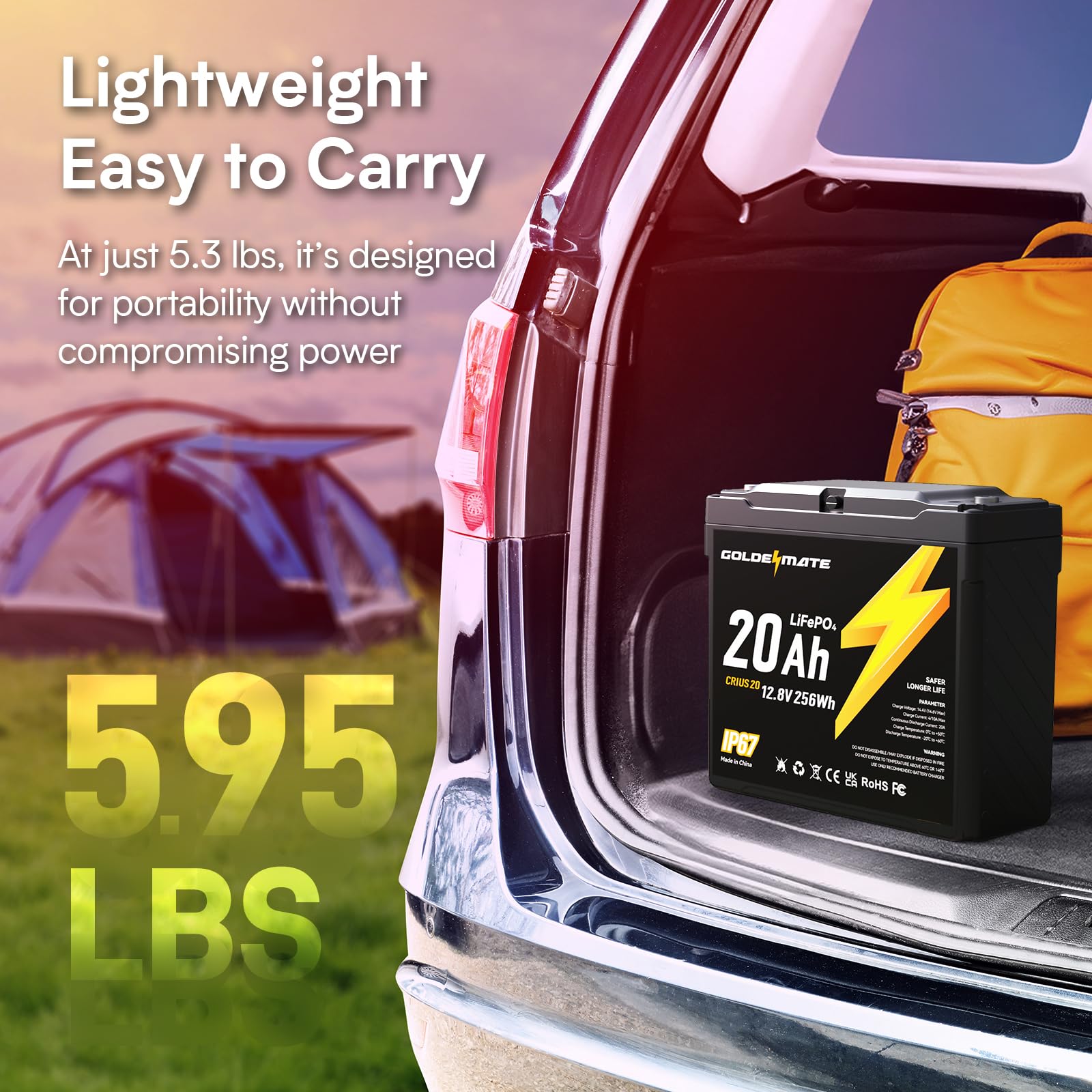 Goldenmate 12V 20Ah Lifepo4 Battery, Ip67 Waterproof, 12V Lithium Battery W/ 5000+ Deep Cycles, Built-In Bms, Premium Lithium Ir