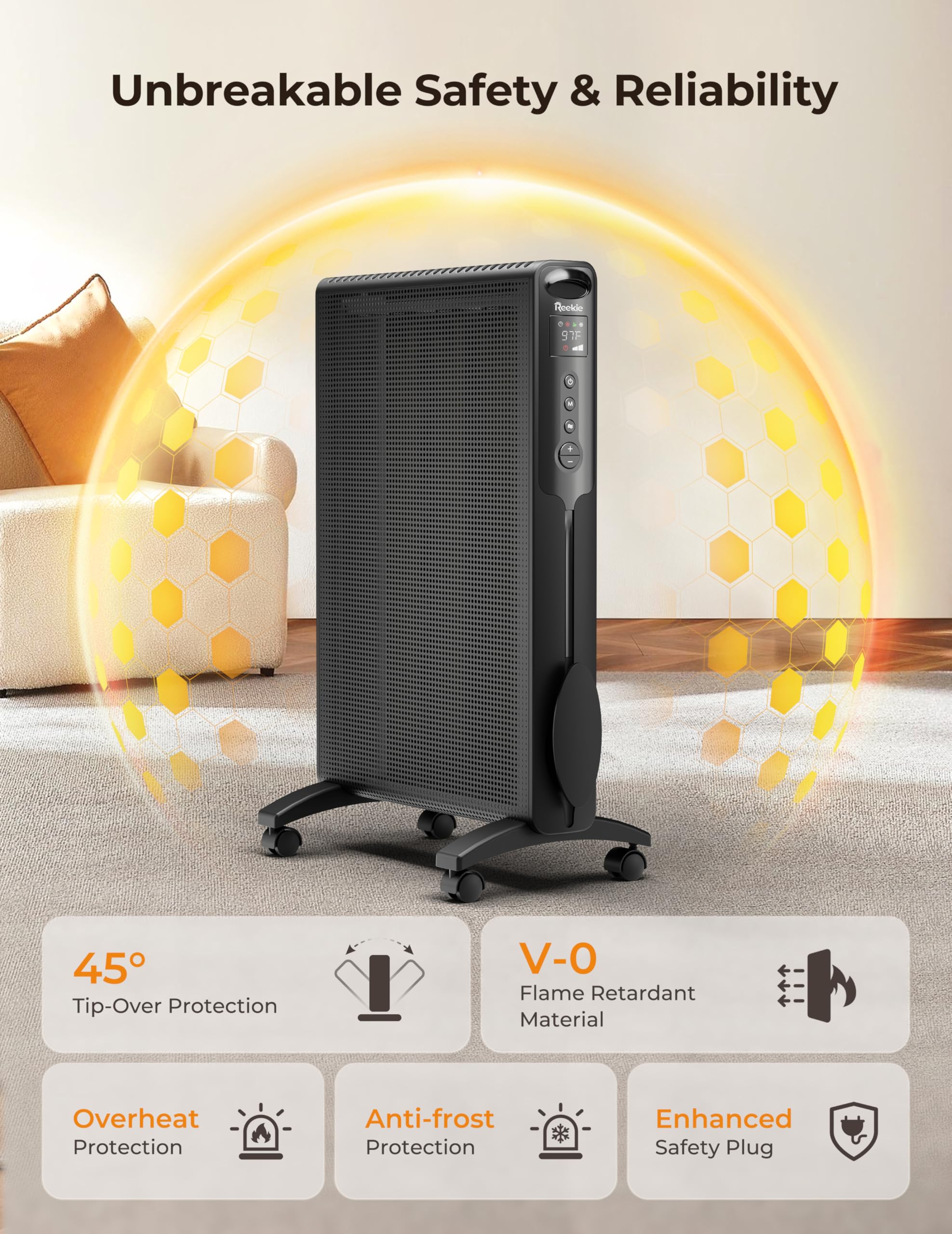 Reekie Convection Panel Space Heater, 1500W Electric Mica Infrared Heaters For Indoor Use Large Room Heater With Smart Thermosta