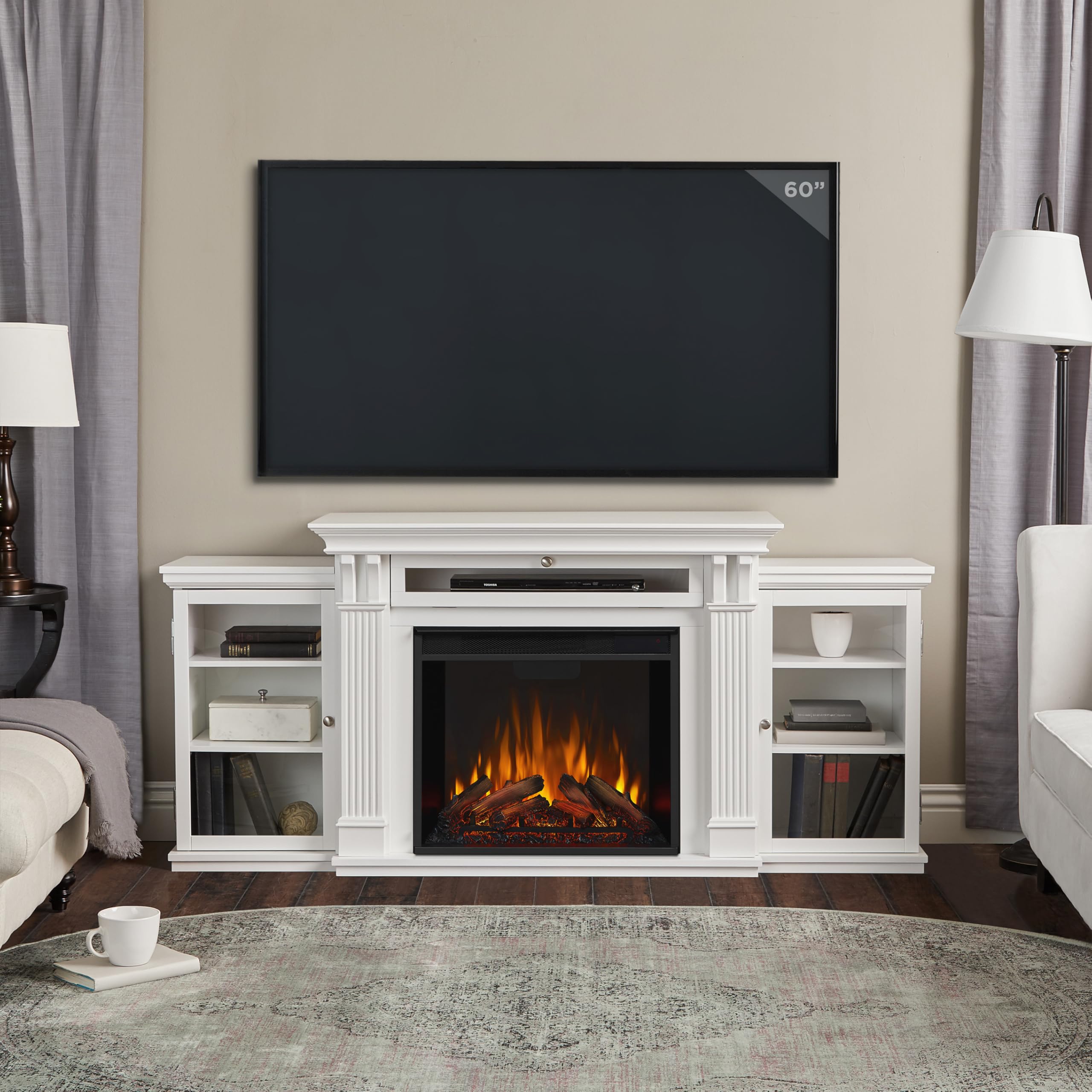 Real Flame Calie 67'' Tv Stand With Electric Fireplace In White, Entertainment Center With Electric Fireplace, Living Room Tv St