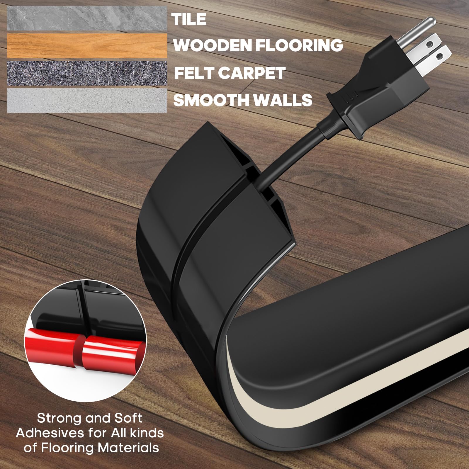 10Ft Black Floor Cord Cover, Self 2'' (W) X 0.6''(H), 3 Cord Channels, Adhesive Power Cable Protector, Silicone Cord Protector,