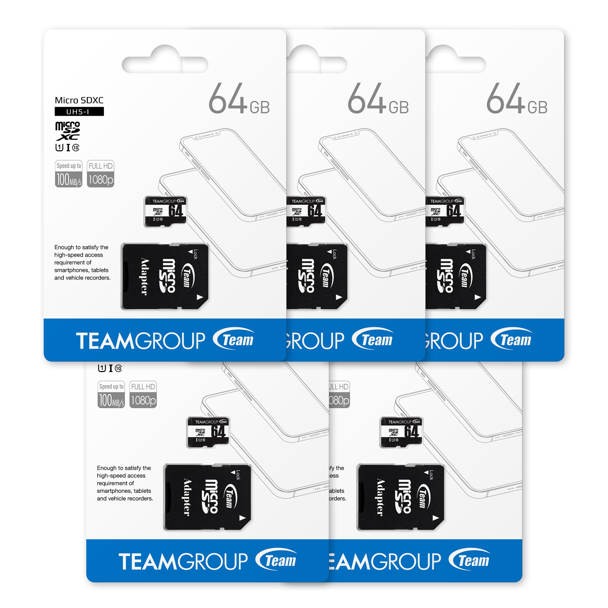 Teamgroup Micro 64Gb X 5 Pack Uhs I U1 Class 10 Sdhc Sdxc Read Speed Up To 100Mb/S High Speed Flash Meomry Card With Adapter For Camera, Surveillance, Full Hd Shooting Tusdx64Gcl10U63