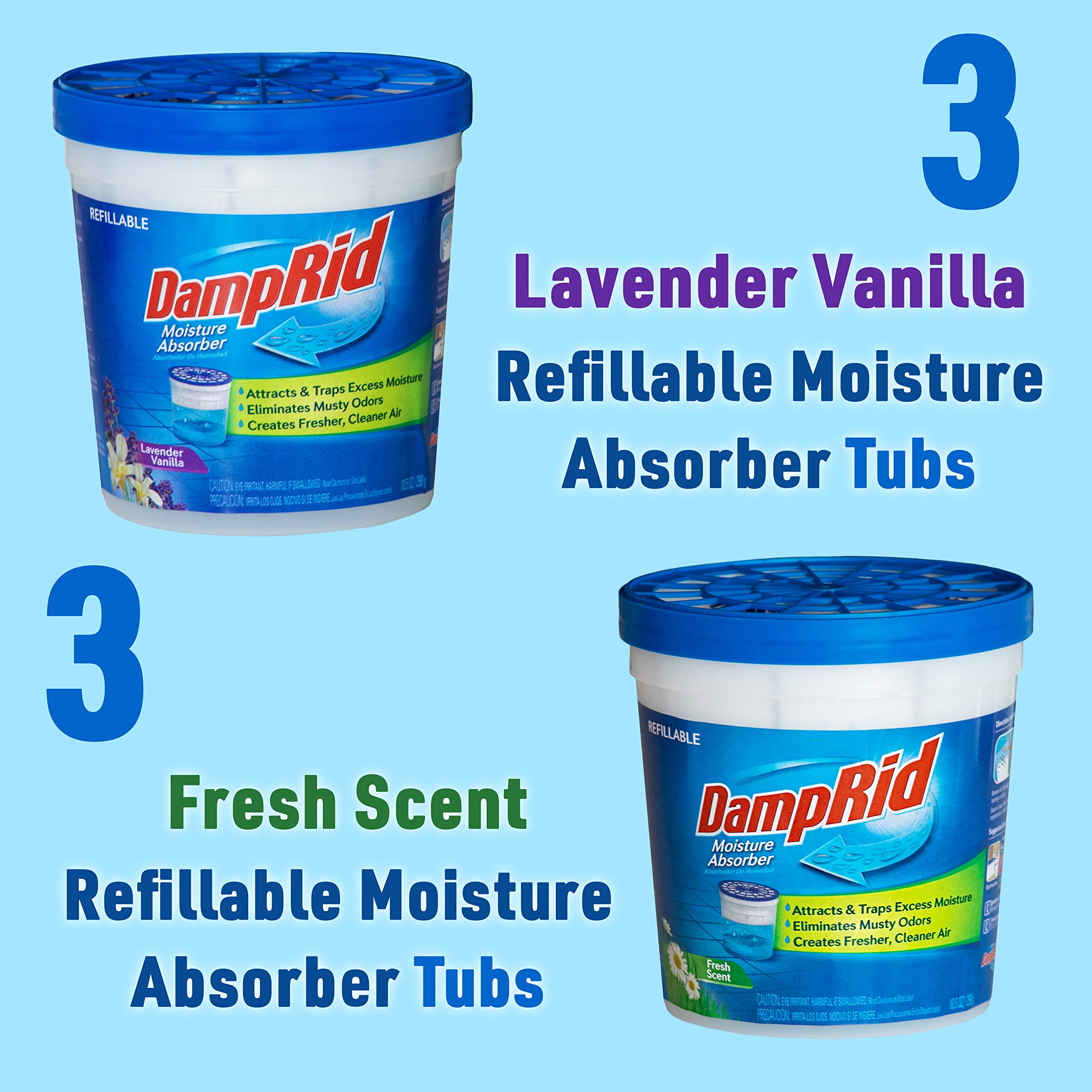 Damprid Refillable Absorber Variety Pack, 10.5 Oz. Cups, 6 Pack, 3 Fresh Scent, 3 Lavender Vanilla, Traps Moisture For Fresher,