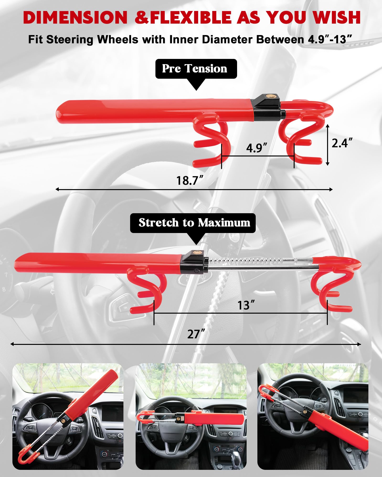 Tevlaphee Steering Wheel Lock Anti-Theft Car Device Heavy Duty Security Car Lock Antitheft Locking Devices Great Deterrent Adjus