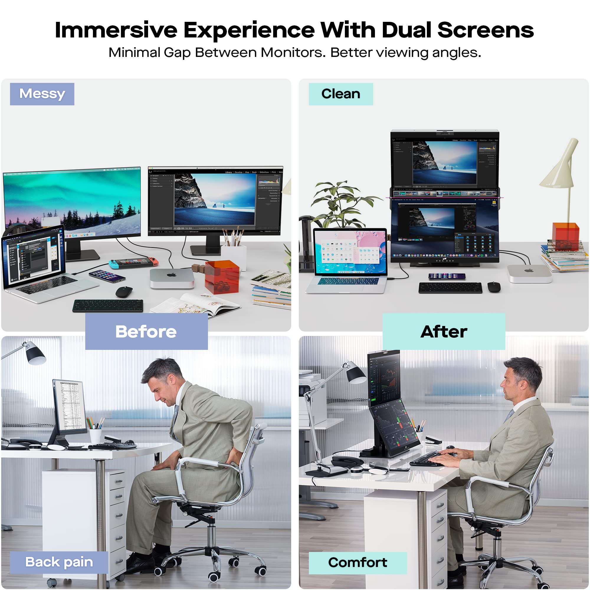 Mobile Pixels Geminos Dual 24'' Stacked Computer Monitors With 1080P Webcam&Speakers, 65W Usb C Charging, All Inclusive Vertical