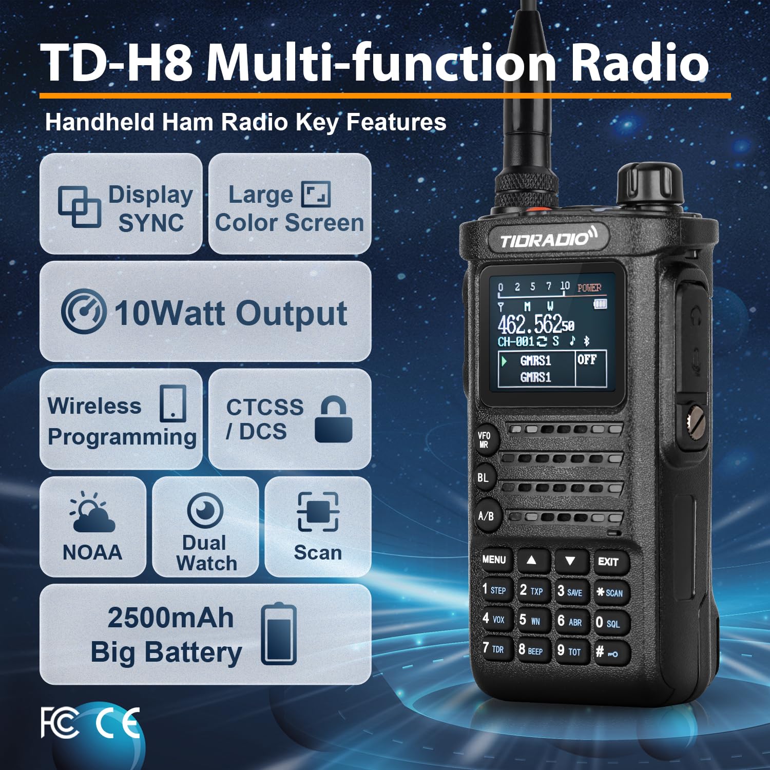 (2Nd Gen) Tidradio Td H8 10 Watt Highpower Ham Radio Handheld, Wireless Programming, Rechargeable 2500Mah Type C Battery,1.77''