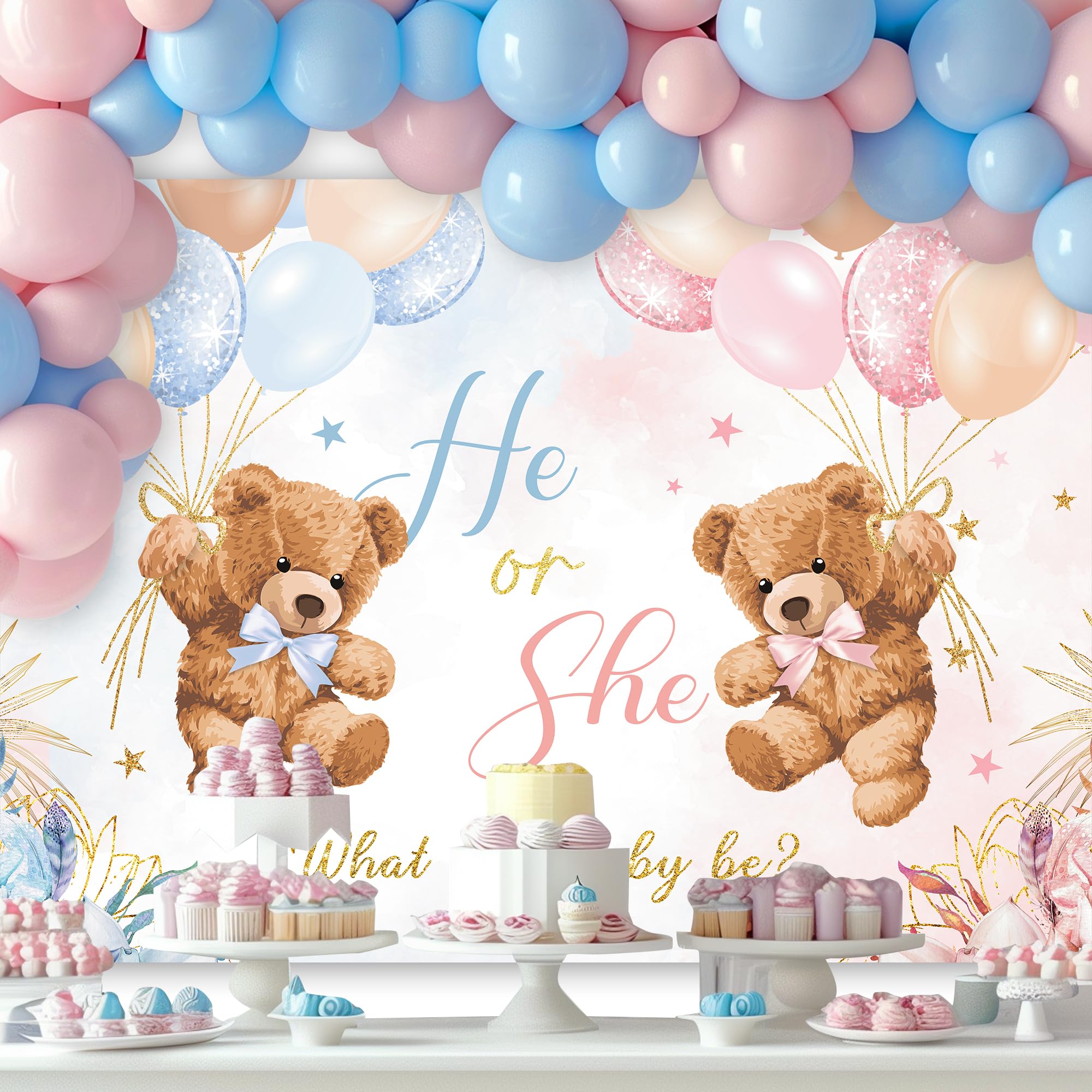 Lightinhome Bear Gender Reveal Backdrop 8Wx6H Feet For He Or She Pink Or Blue Boho Floral Balloons Cute We Can Bearly Wait Baby