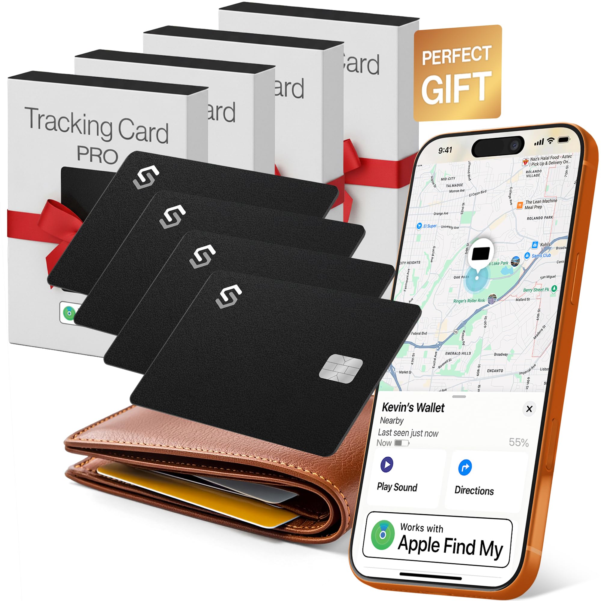 SPOTMINDERS Apple MFi Certified Credit Card Wallet Tracker PRO 4-Pack (iOS Only) Works with Apple Find My Rechargeable Tracking 