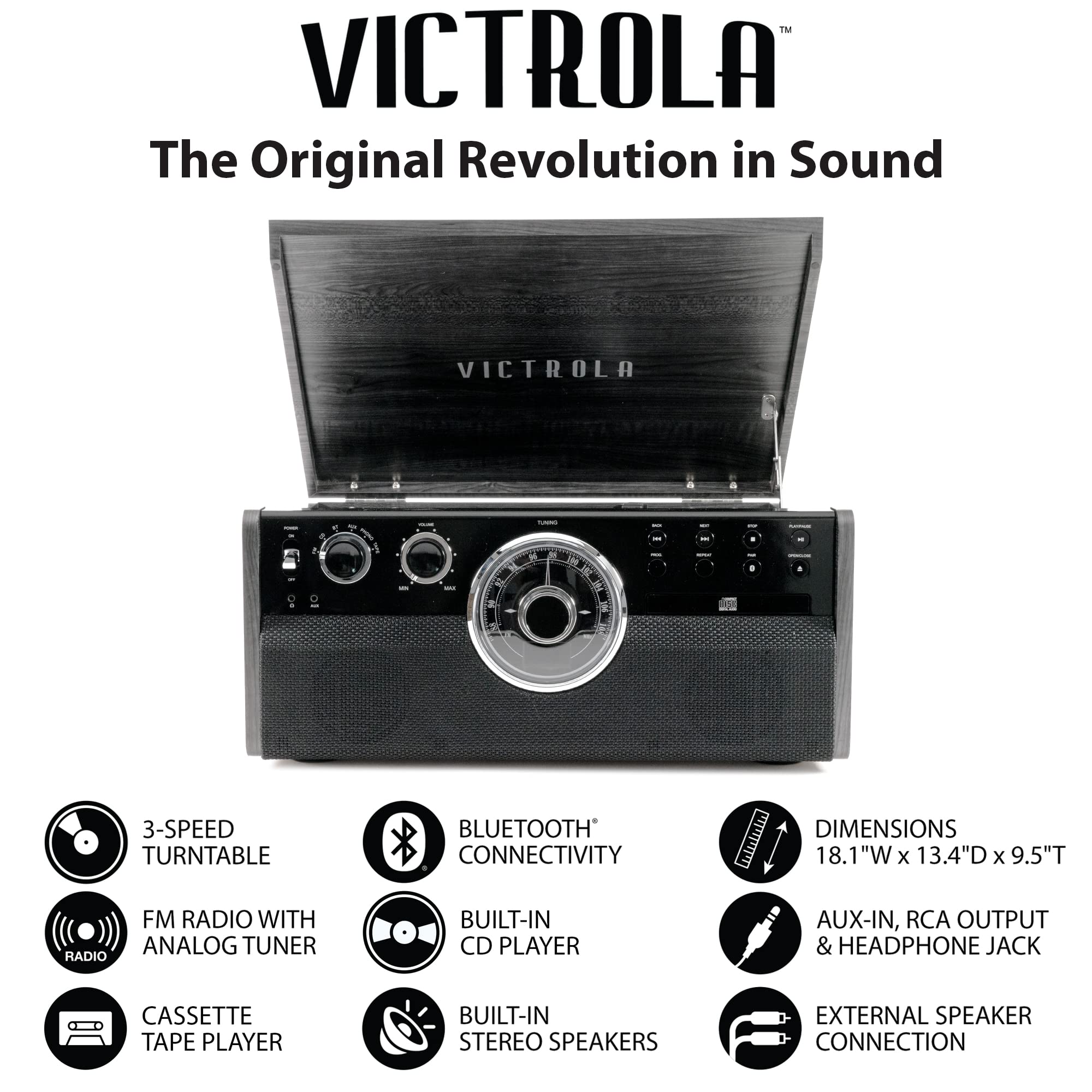 Victrola Mid Century 6 In 1 Bluetooth Record Player & Multimedia Center With Built In Speakers   3 Speed Turntable, Cd & Cassett